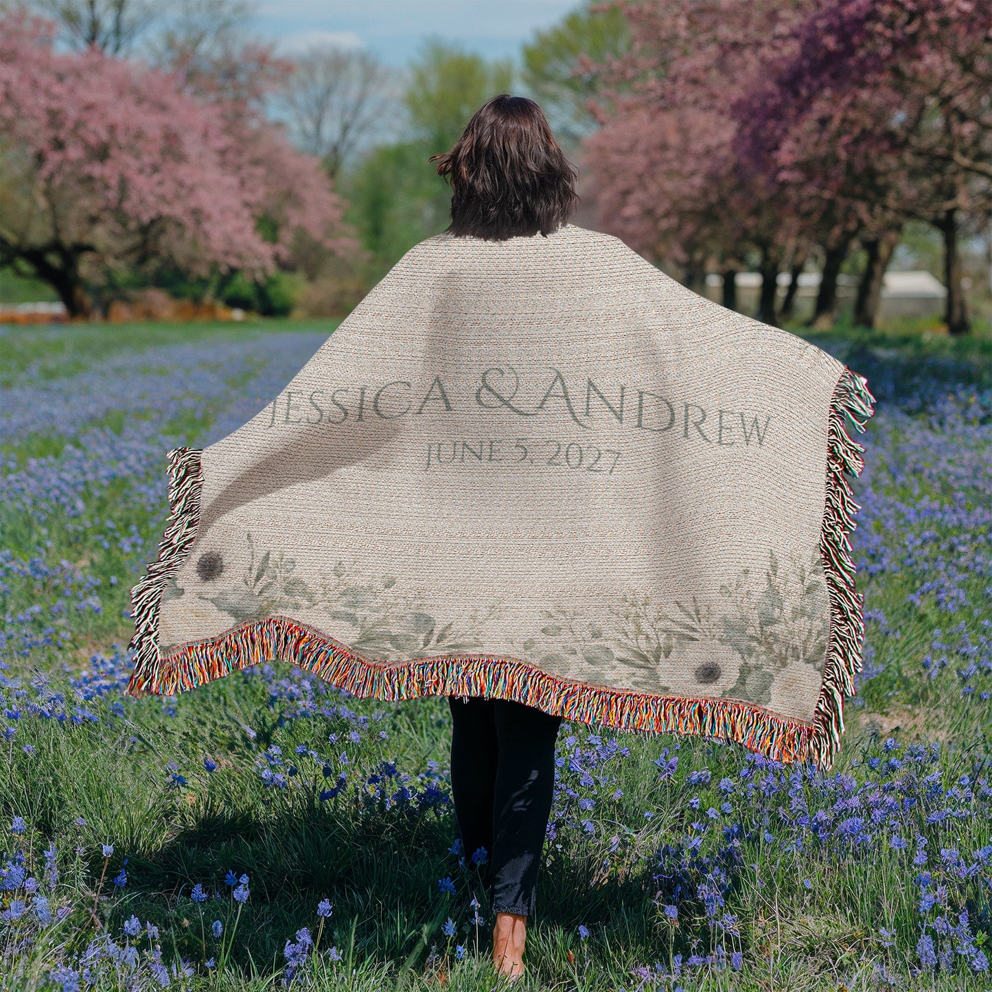 Personalized Wedding Blanket with Names & Date – Eucalyptus Greenery Couple Throw, Anniversary, Engagement & Bridal Shower Gift, 100% Cotton Woven Keepsake