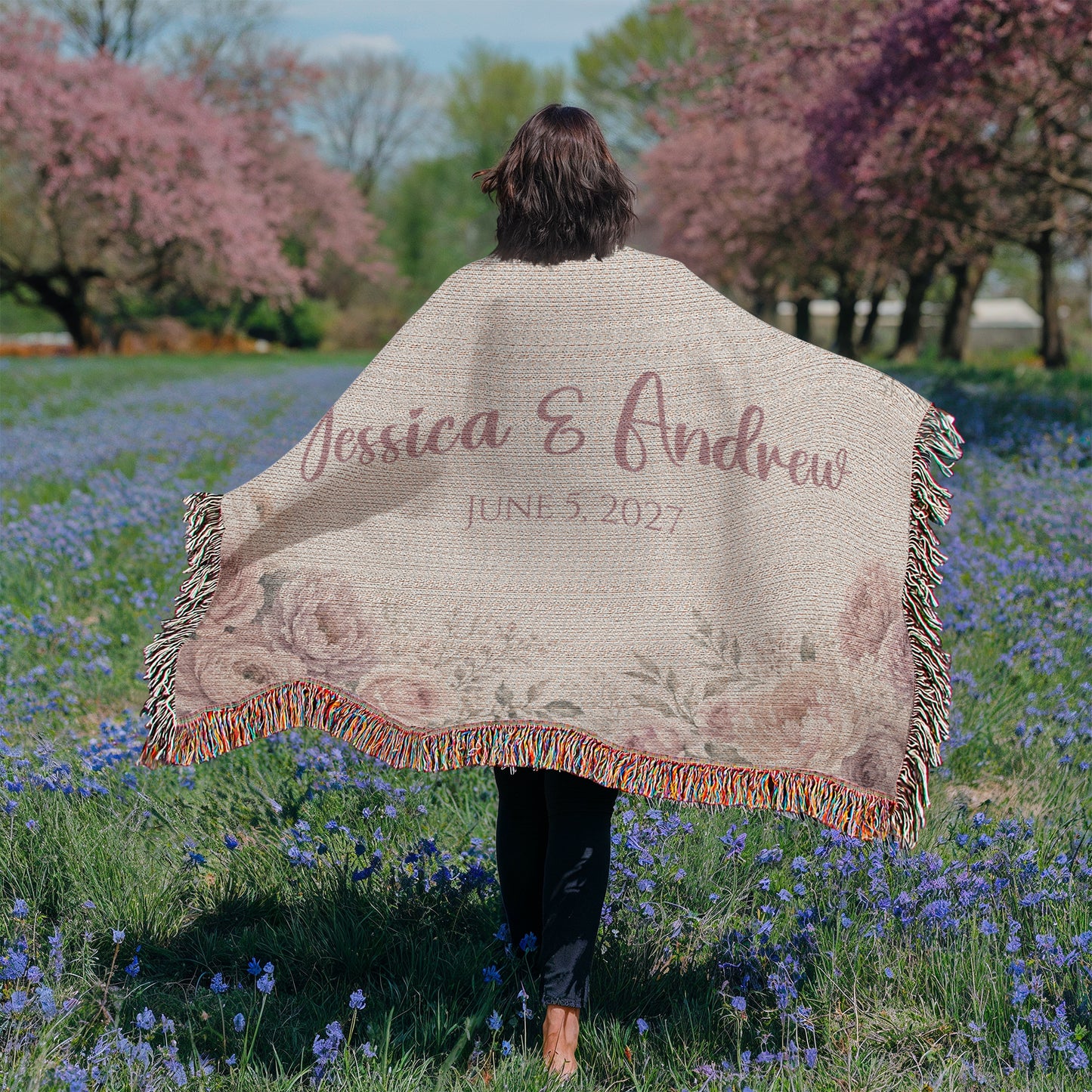 Personalized Wedding Blanket with Names & Date – Blush Pink Floral Couple Throw, Anniversary, Engagement & Bridal Shower Gift, 100% Cotton Woven Keepsake