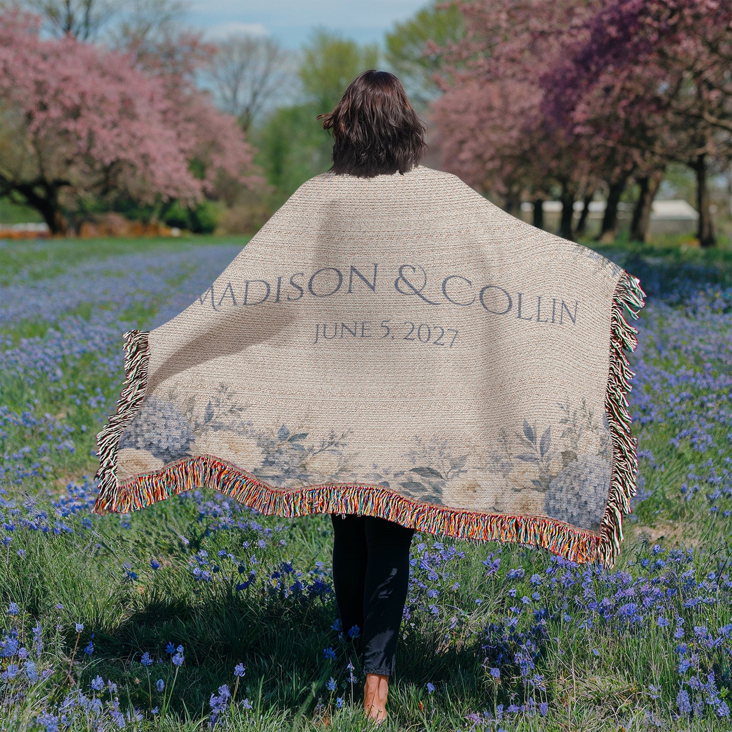 Personalized Wedding Blanket with Names & Date – Dusty Blue Hydrangea Couple Throw, "Something Blue" Anniversary, Engagement & Bridal Shower Gift, 100% Cotton Woven Keepsake