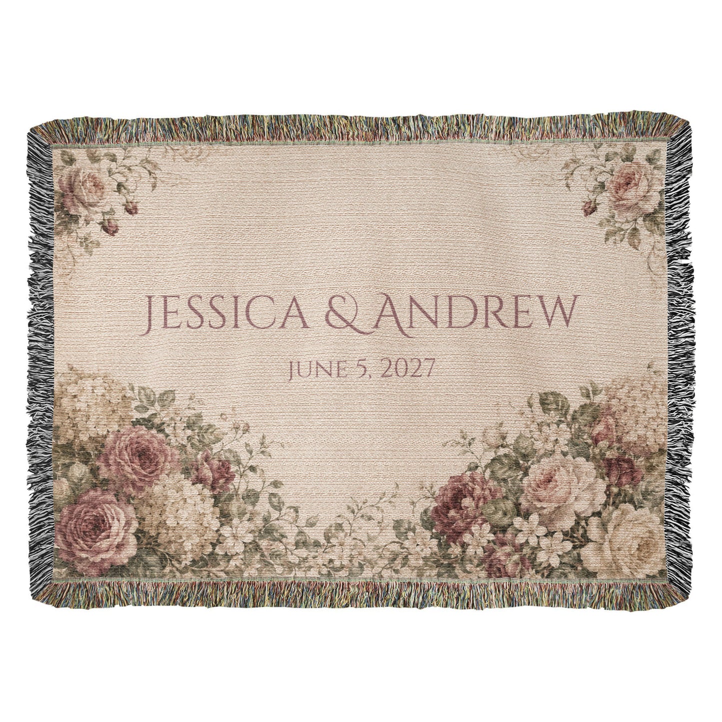 Personalized Wedding Blanket with Names & Date – Vintage Victorian Rose Couple Throw, Anniversary, Engagement & Bridal Shower Gift, 100% Cotton Woven Keepsake