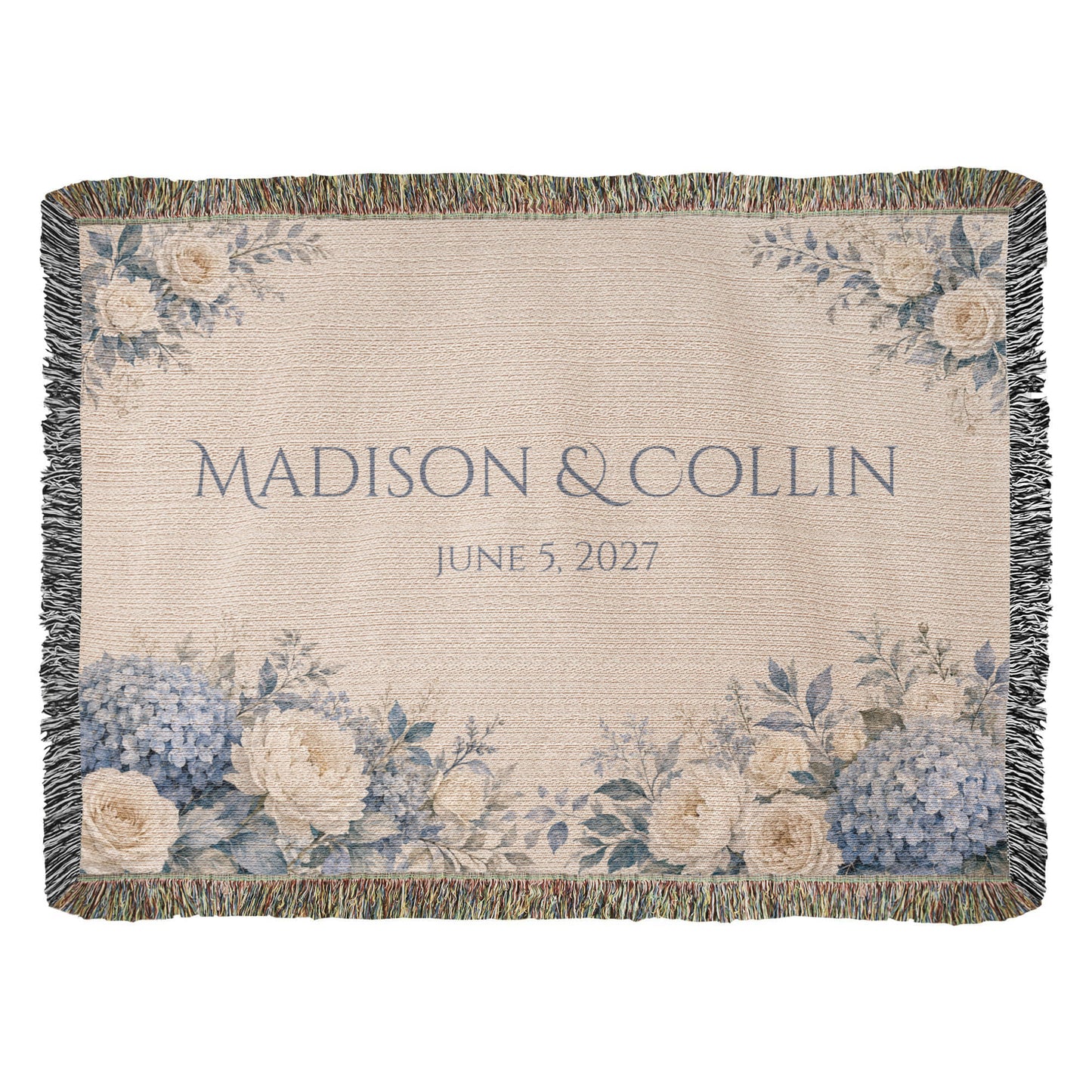 Personalized Wedding Blanket with Names & Date – Dusty Blue Hydrangea Couple Throw, "Something Blue" Anniversary, Engagement & Bridal Shower Gift, 100% Cotton Woven Keepsake