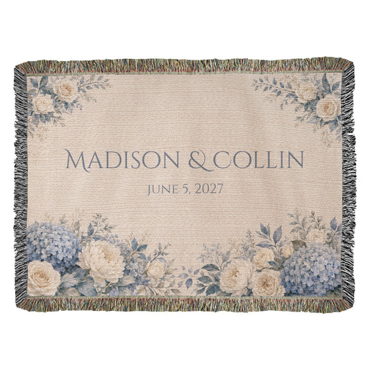 Personalized Wedding Blanket with Names & Date – Dusty Blue Hydrangea Couple Throw, "Something Blue" Anniversary, Engagement & Bridal Shower Gift, 100% Cotton Woven Keepsake