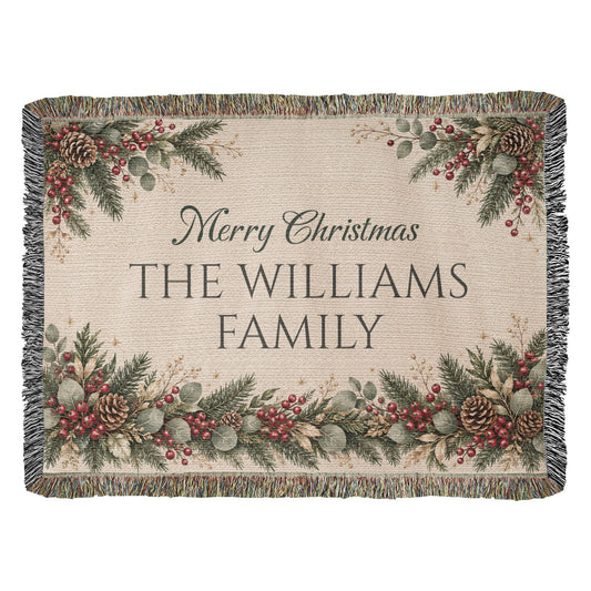 Personalized Christmas Woven Blanket Tapestry with Family Name