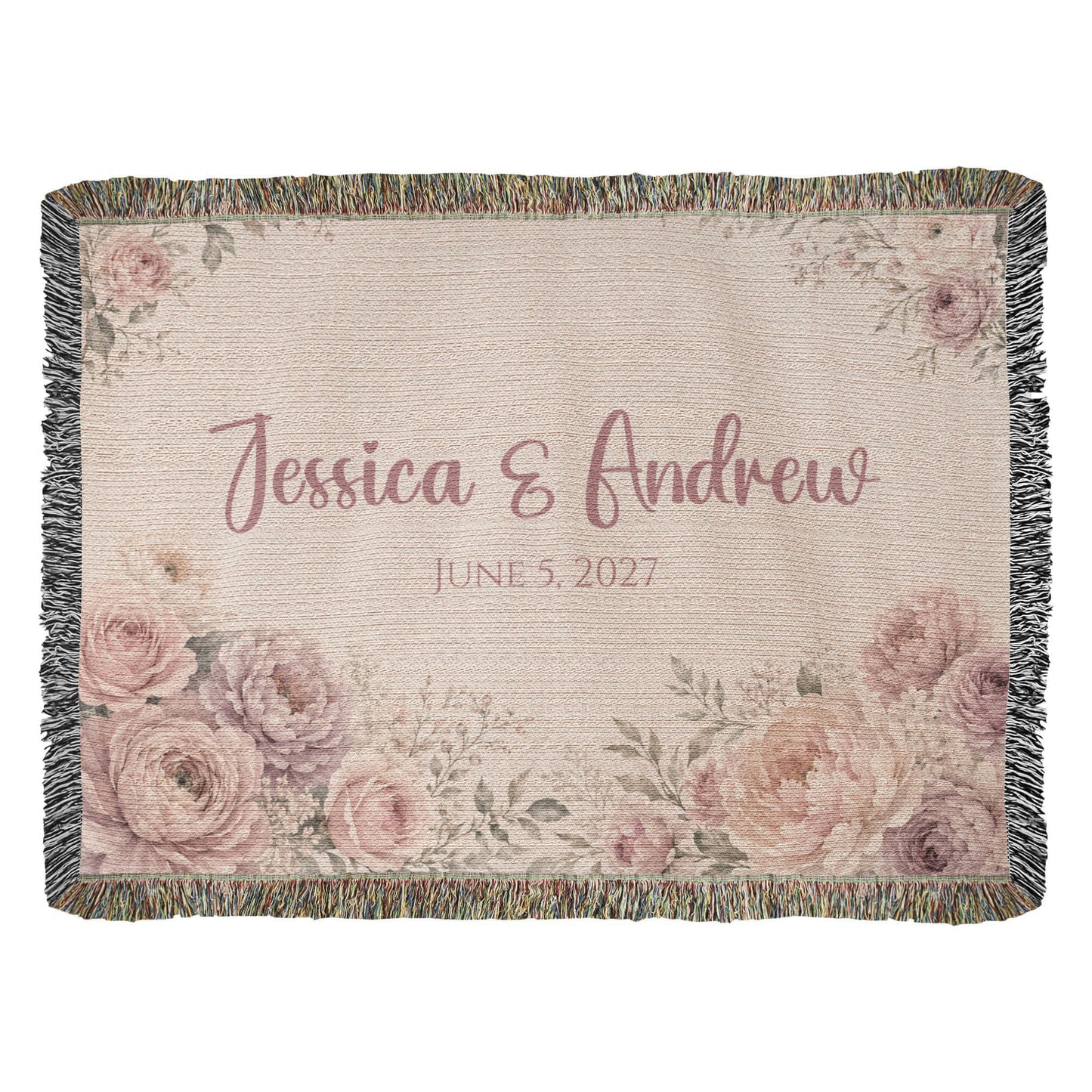 Personalized Wedding Blanket with Names & Date – Blush Pink Floral Couple Throw, Anniversary, Engagement & Bridal Shower Gift, 100% Cotton Woven Keepsake