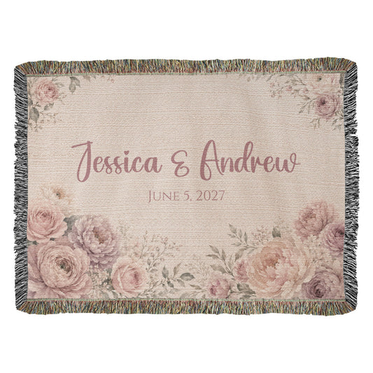 Personalized Wedding Blanket with Names & Date – Blush Pink Floral Couple Throw, Anniversary, Engagement & Bridal Shower Gift, 100% Cotton Woven Keepsake