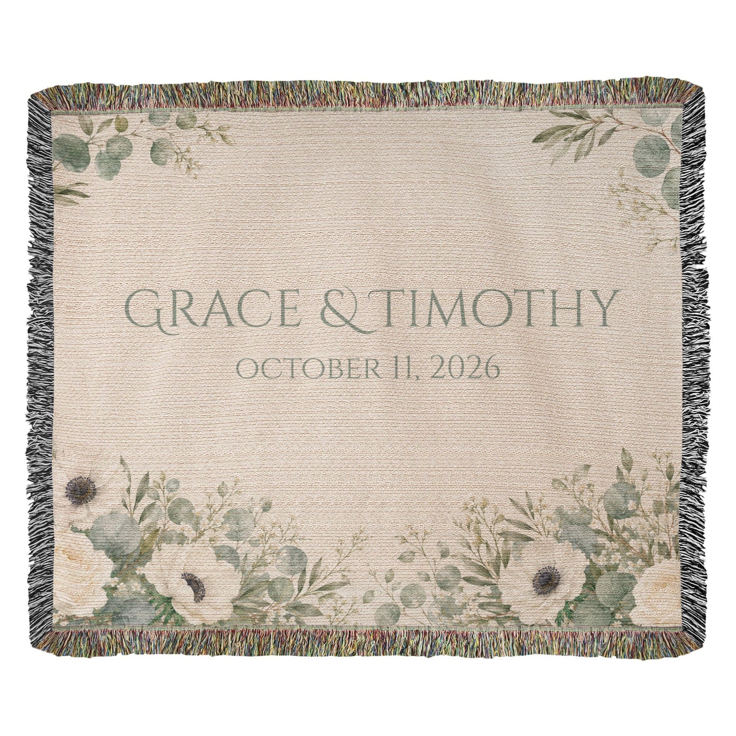 Personalized Wedding Blanket with Names & Date – Eucalyptus Greenery Couple Throw, Anniversary, Engagement & Bridal Shower Gift, 100% Cotton Woven Keepsake