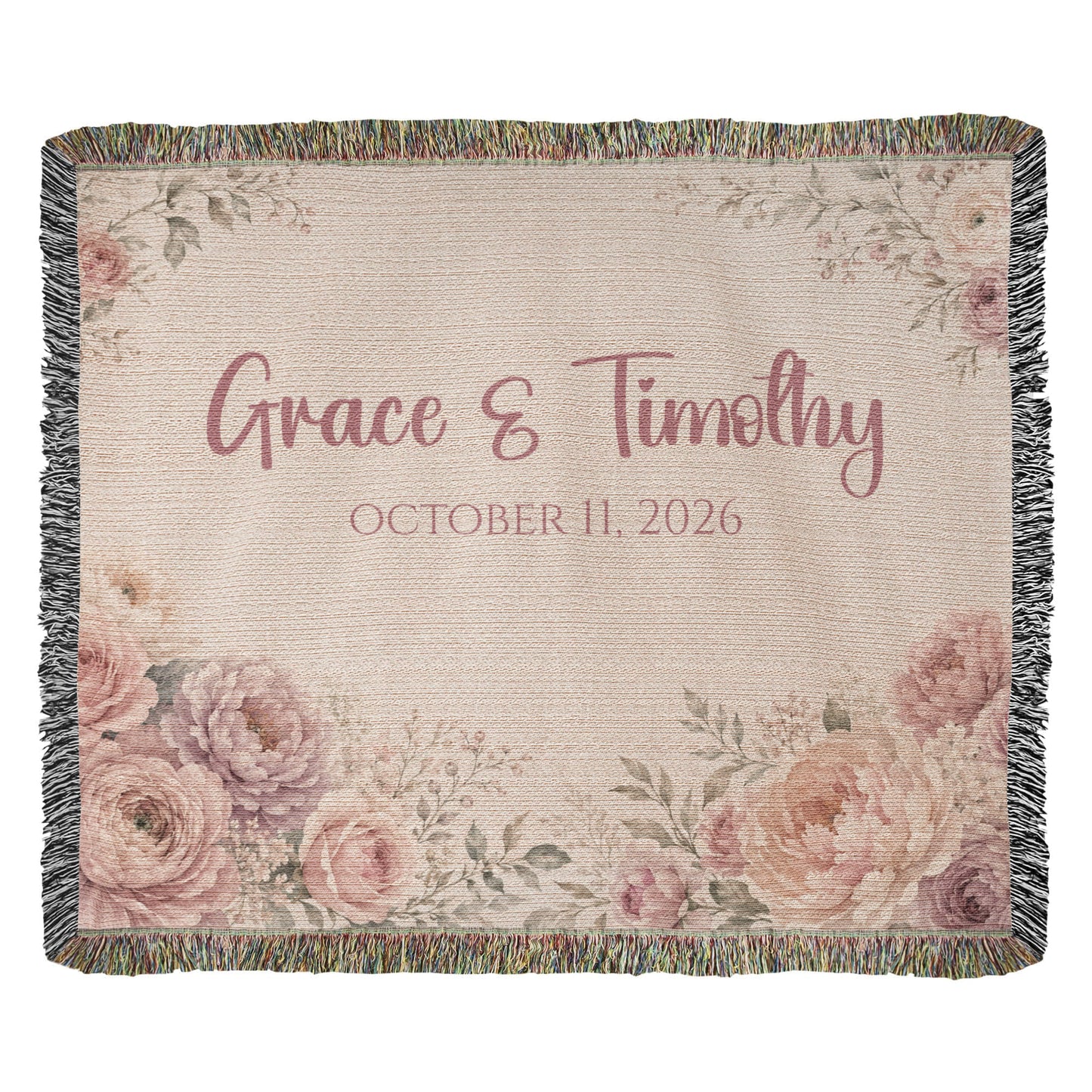 Personalized Wedding Blanket with Names & Date – Blush Pink Floral Couple Throw, Anniversary, Engagement & Bridal Shower Gift, 100% Cotton Woven Keepsake