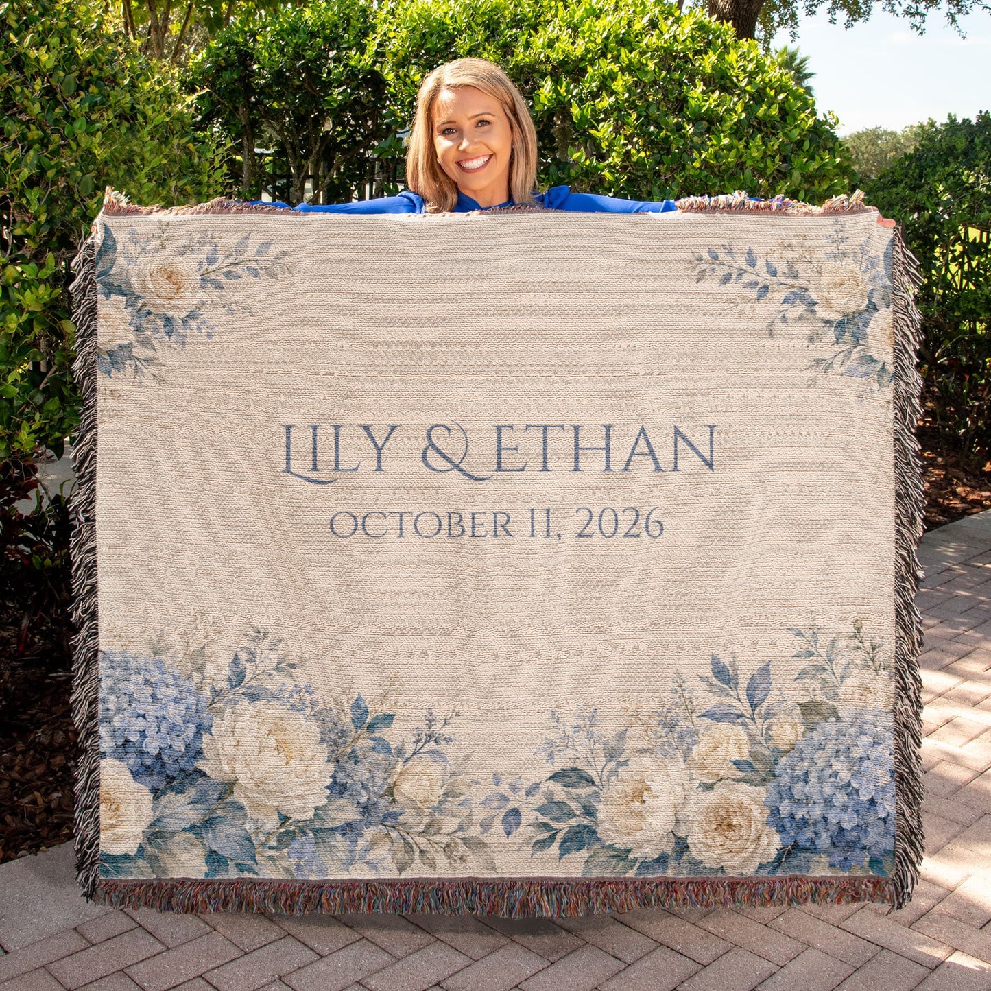 Personalized Wedding Blanket with Names & Date – Dusty Blue Hydrangea Couple Throw, "Something Blue" Anniversary, Engagement & Bridal Shower Gift, 100% Cotton Woven Keepsake