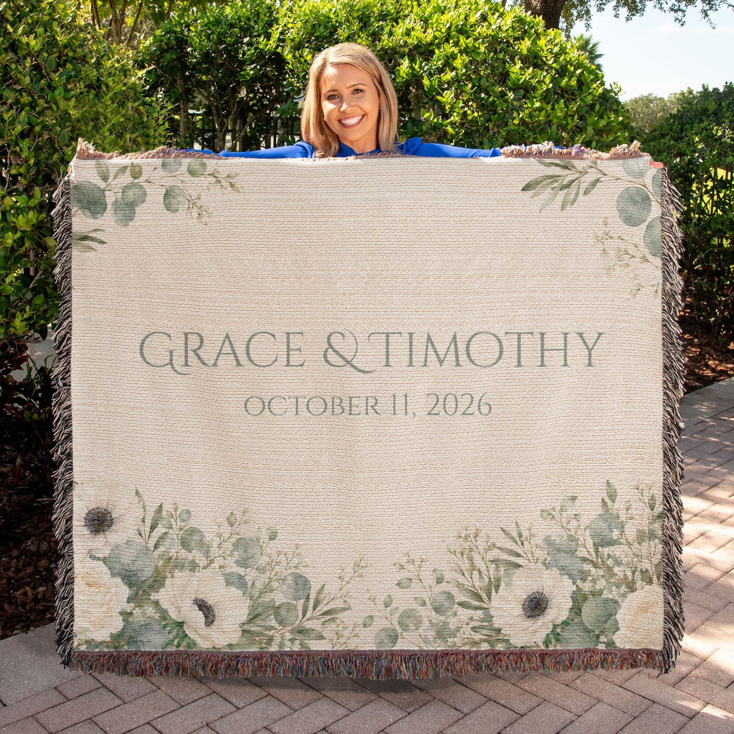 Personalized Wedding Blanket with Names & Date – Eucalyptus Greenery Couple Throw, Anniversary, Engagement & Bridal Shower Gift, 100% Cotton Woven Keepsake