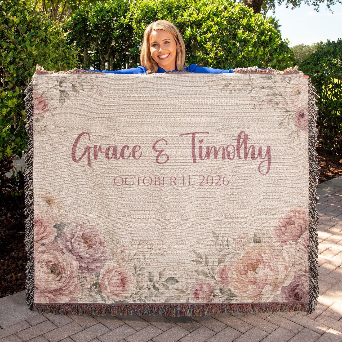 Personalized Wedding Blanket with Names & Date – Blush Pink Floral Couple Throw, Anniversary, Engagement & Bridal Shower Gift, 100% Cotton Woven Keepsake