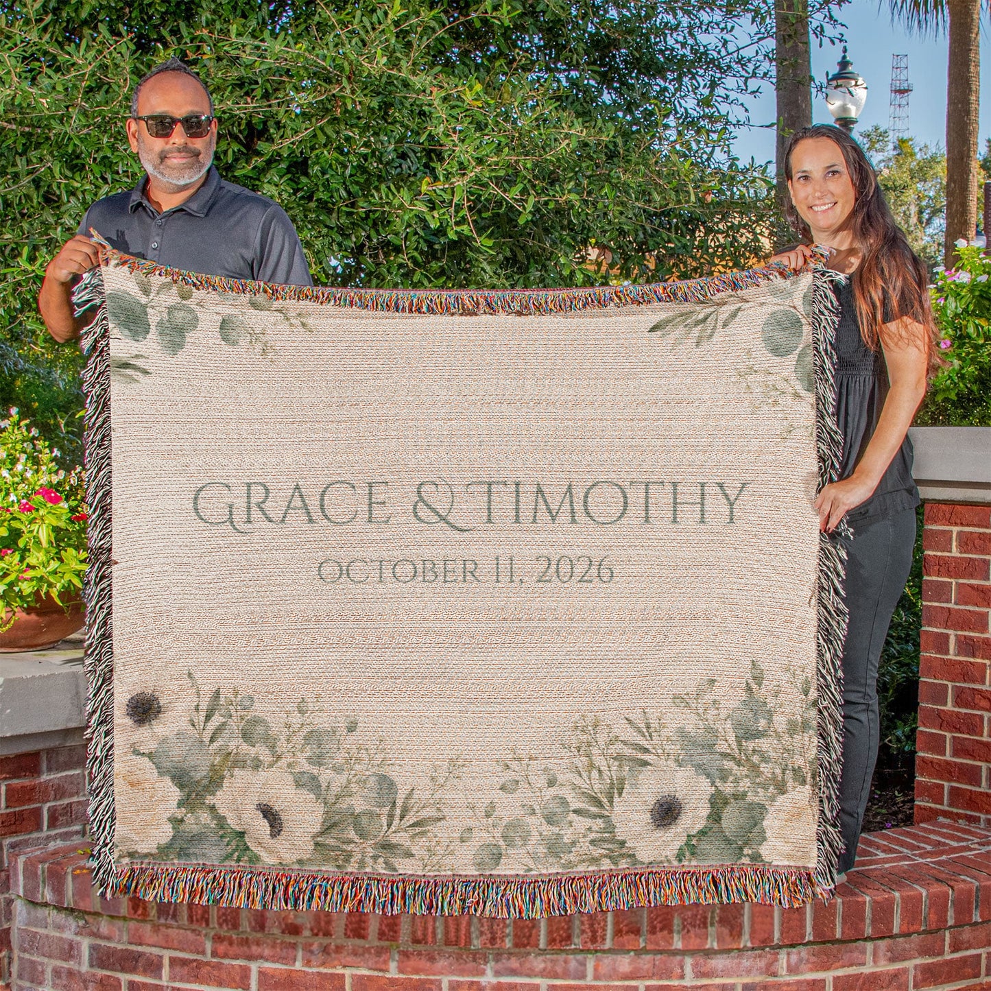 Personalized Wedding Blanket with Names & Date – Eucalyptus Greenery Couple Throw, Anniversary, Engagement & Bridal Shower Gift, 100% Cotton Woven Keepsake