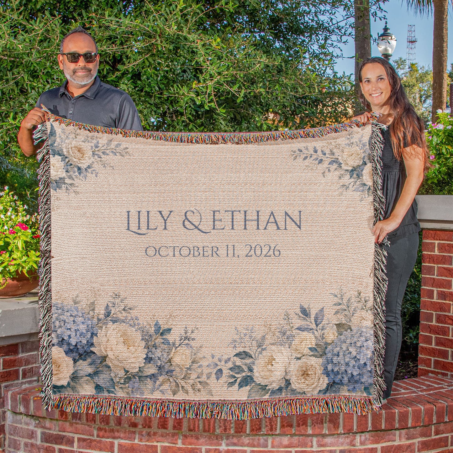 Personalized Wedding Blanket with Names & Date – Dusty Blue Hydrangea Couple Throw, "Something Blue" Anniversary, Engagement & Bridal Shower Gift, 100% Cotton Woven Keepsake