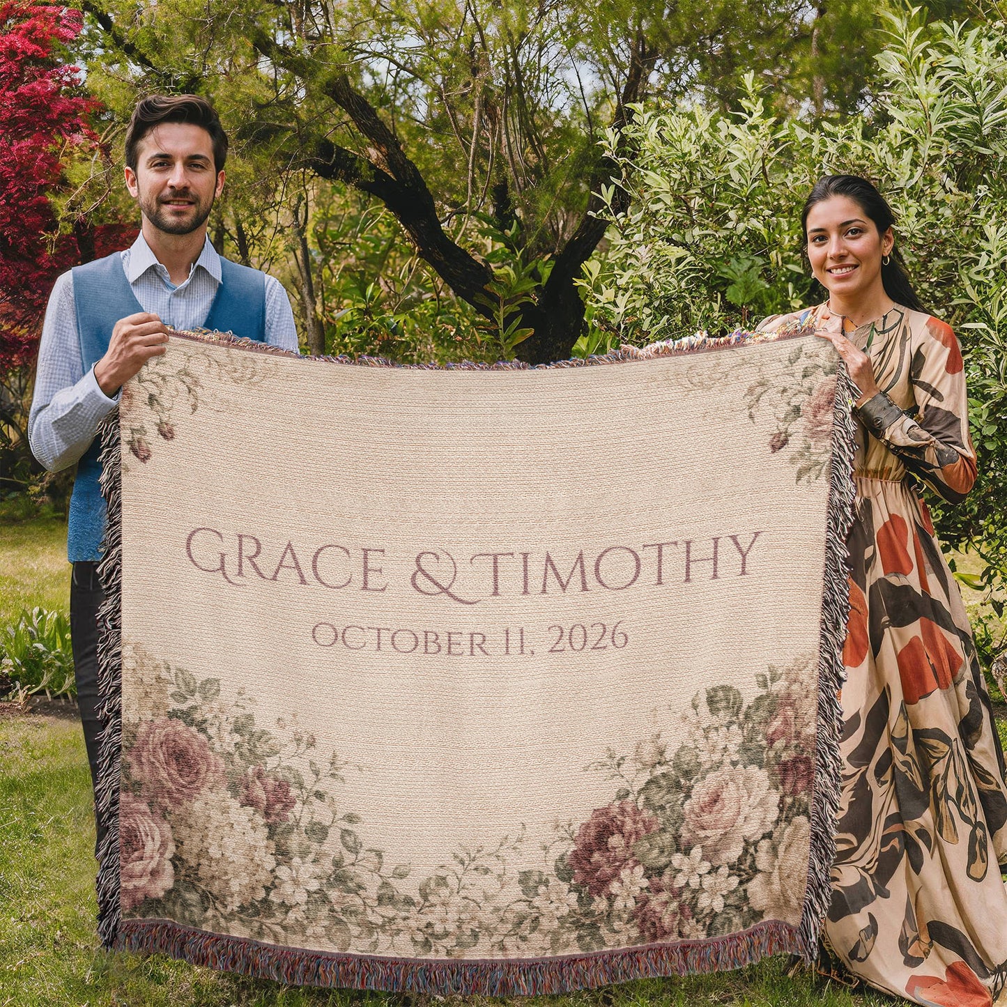 Personalized Wedding Blanket with Names & Date – Vintage Victorian Rose Couple Throw, Anniversary, Engagement & Bridal Shower Gift, 100% Cotton Woven Keepsake
