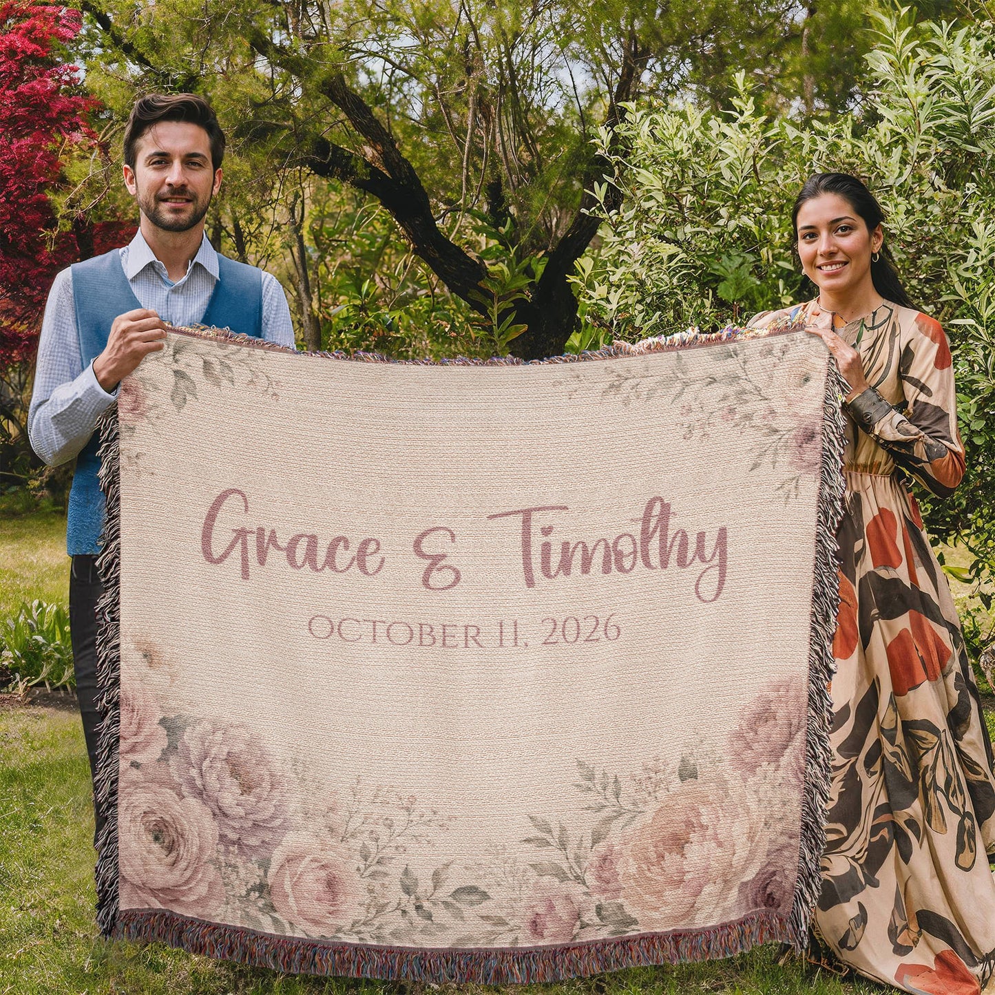 Personalized Wedding Blanket with Names & Date – Blush Pink Floral Couple Throw, Anniversary, Engagement & Bridal Shower Gift, 100% Cotton Woven Keepsake