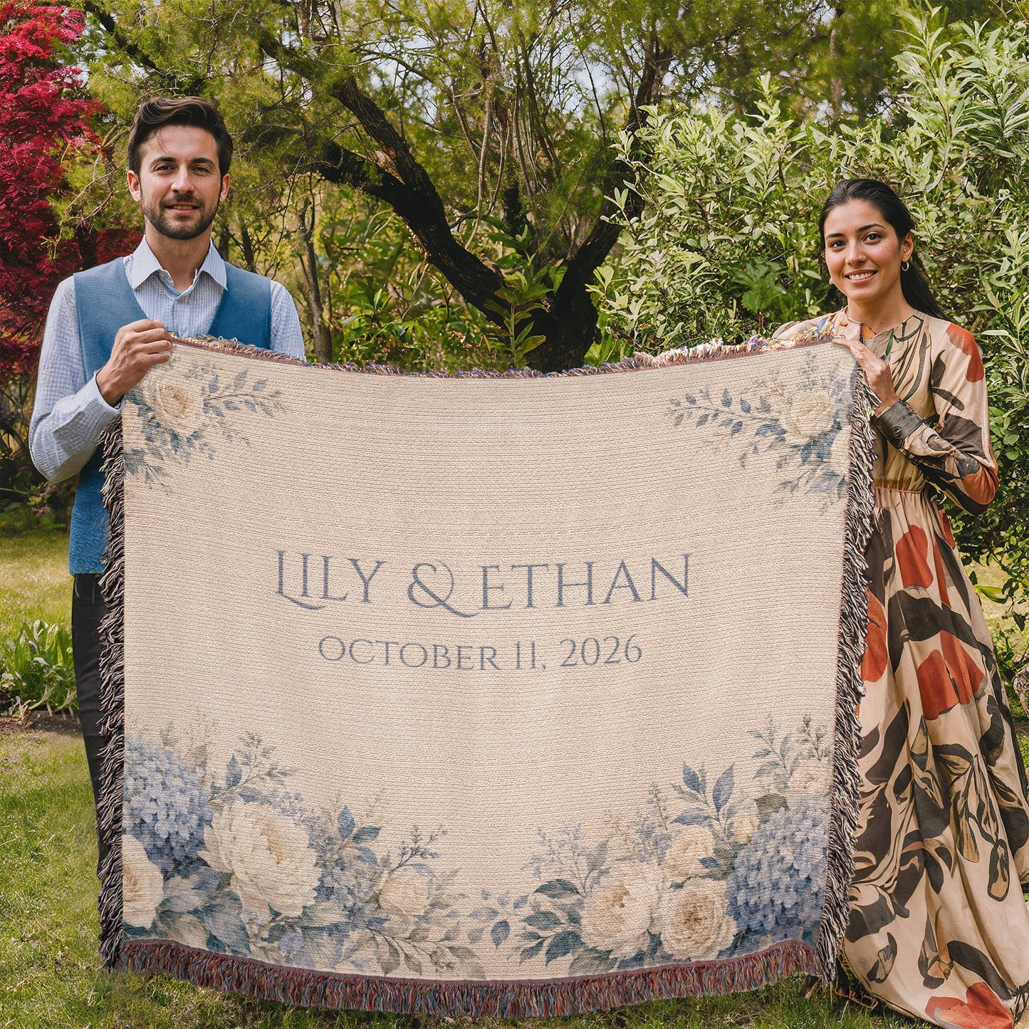 Personalized Wedding Blanket with Names & Date – Dusty Blue Hydrangea Couple Throw, "Something Blue" Anniversary, Engagement & Bridal Shower Gift, 100% Cotton Woven Keepsake