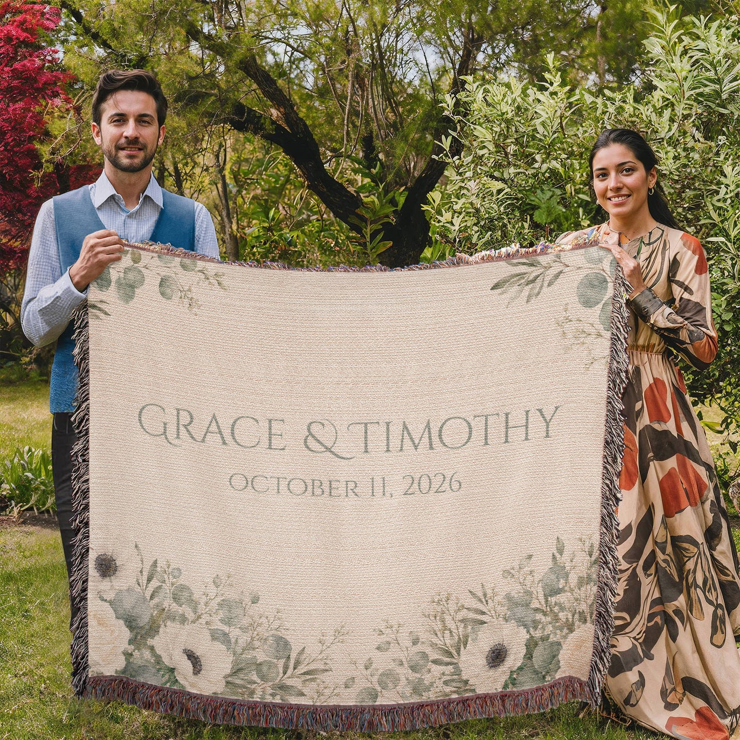 Personalized Wedding Blanket with Names & Date – Eucalyptus Greenery Couple Throw, Anniversary, Engagement & Bridal Shower Gift, 100% Cotton Woven Keepsake