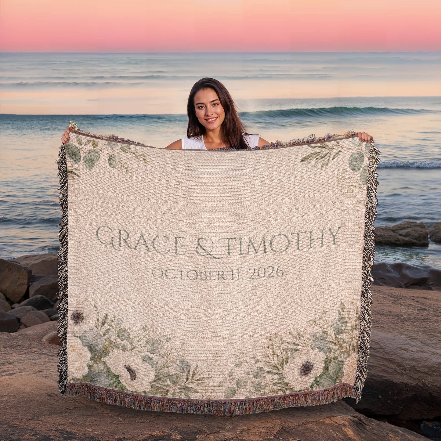 Personalized Wedding Blanket with Names & Date – Eucalyptus Greenery Couple Throw, Anniversary, Engagement & Bridal Shower Gift, 100% Cotton Woven Keepsake