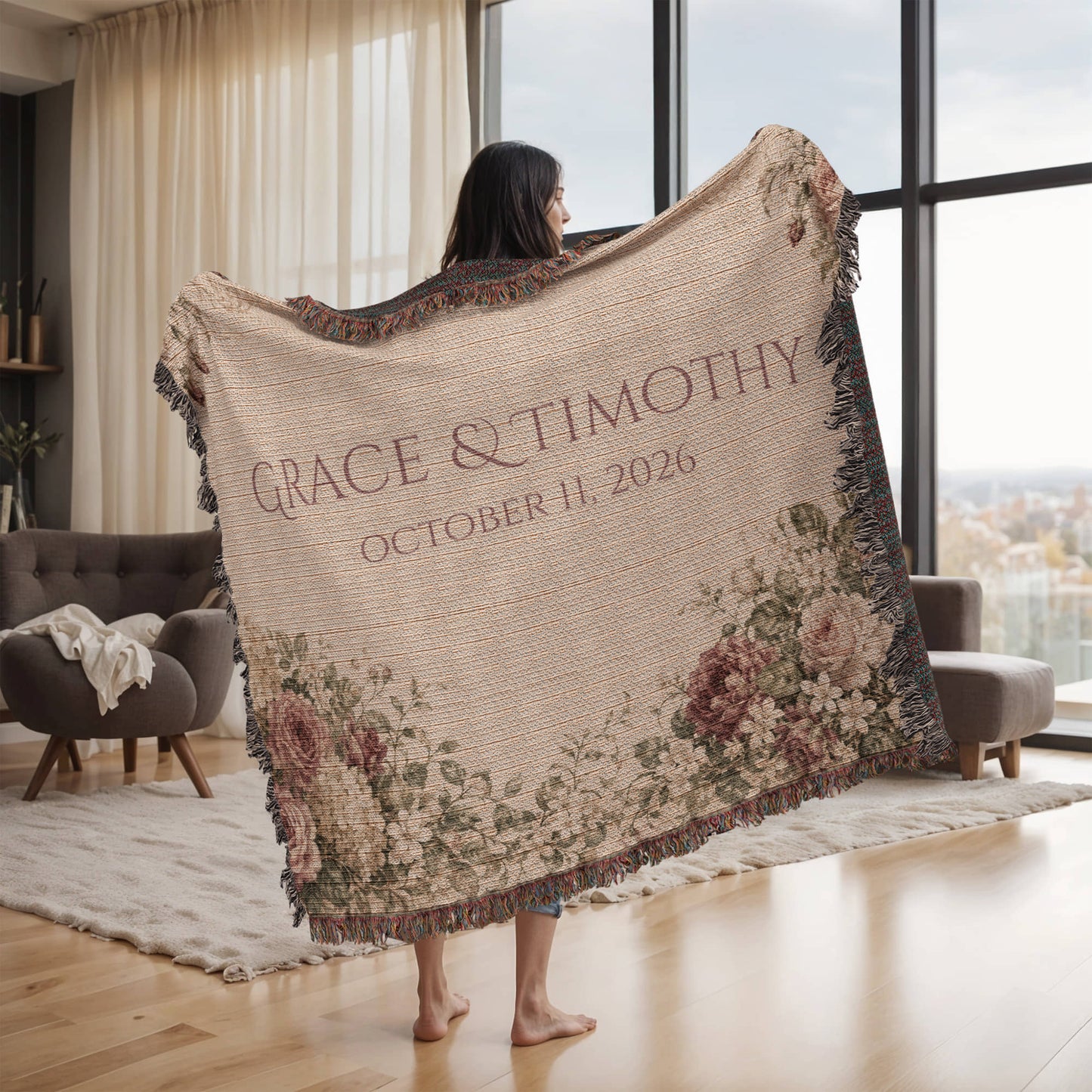 Personalized Wedding Blanket with Names & Date – Vintage Victorian Rose Couple Throw, Anniversary, Engagement & Bridal Shower Gift, 100% Cotton Woven Keepsake