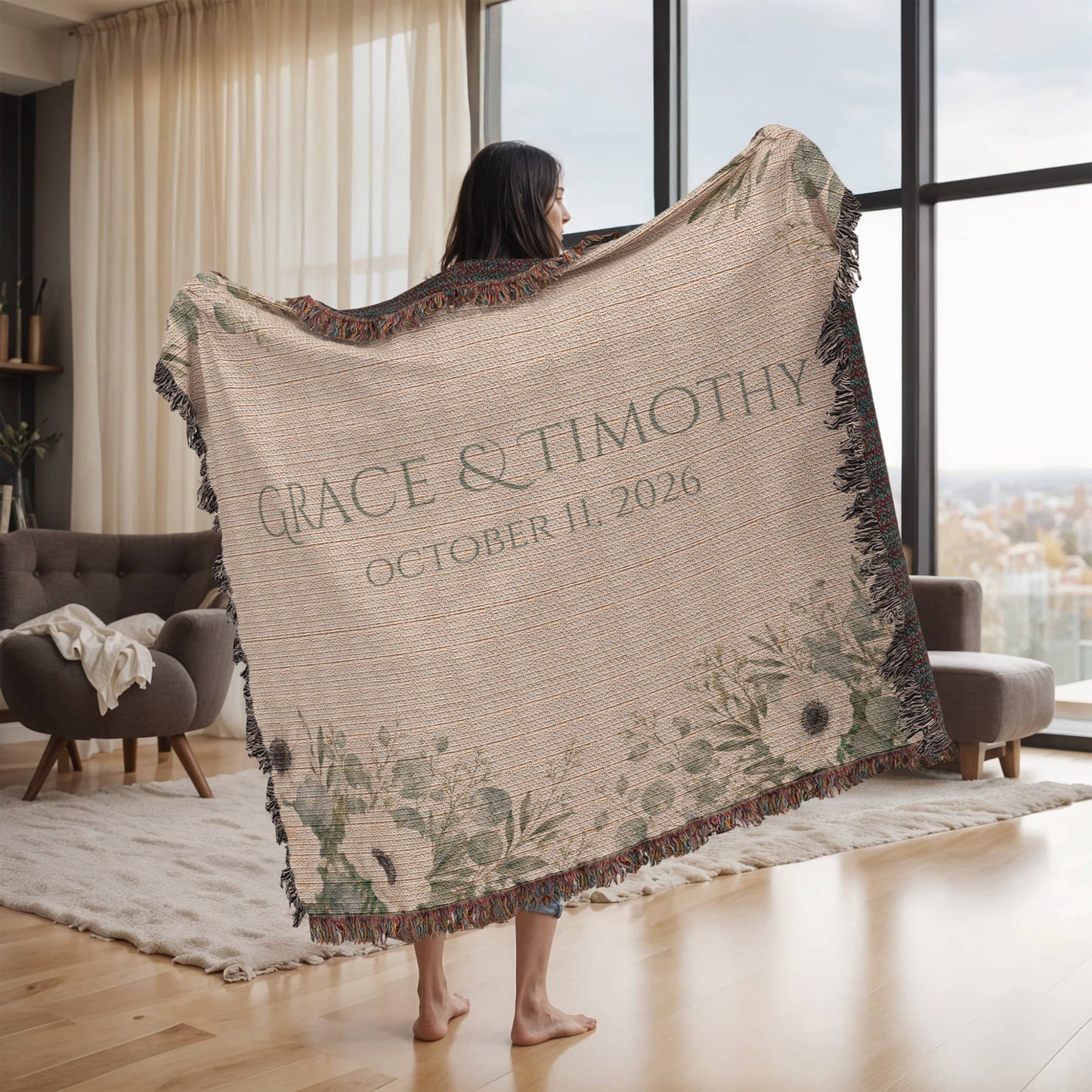Personalized Wedding Blanket with Names & Date – Eucalyptus Greenery Couple Throw, Anniversary, Engagement & Bridal Shower Gift, 100% Cotton Woven Keepsake
