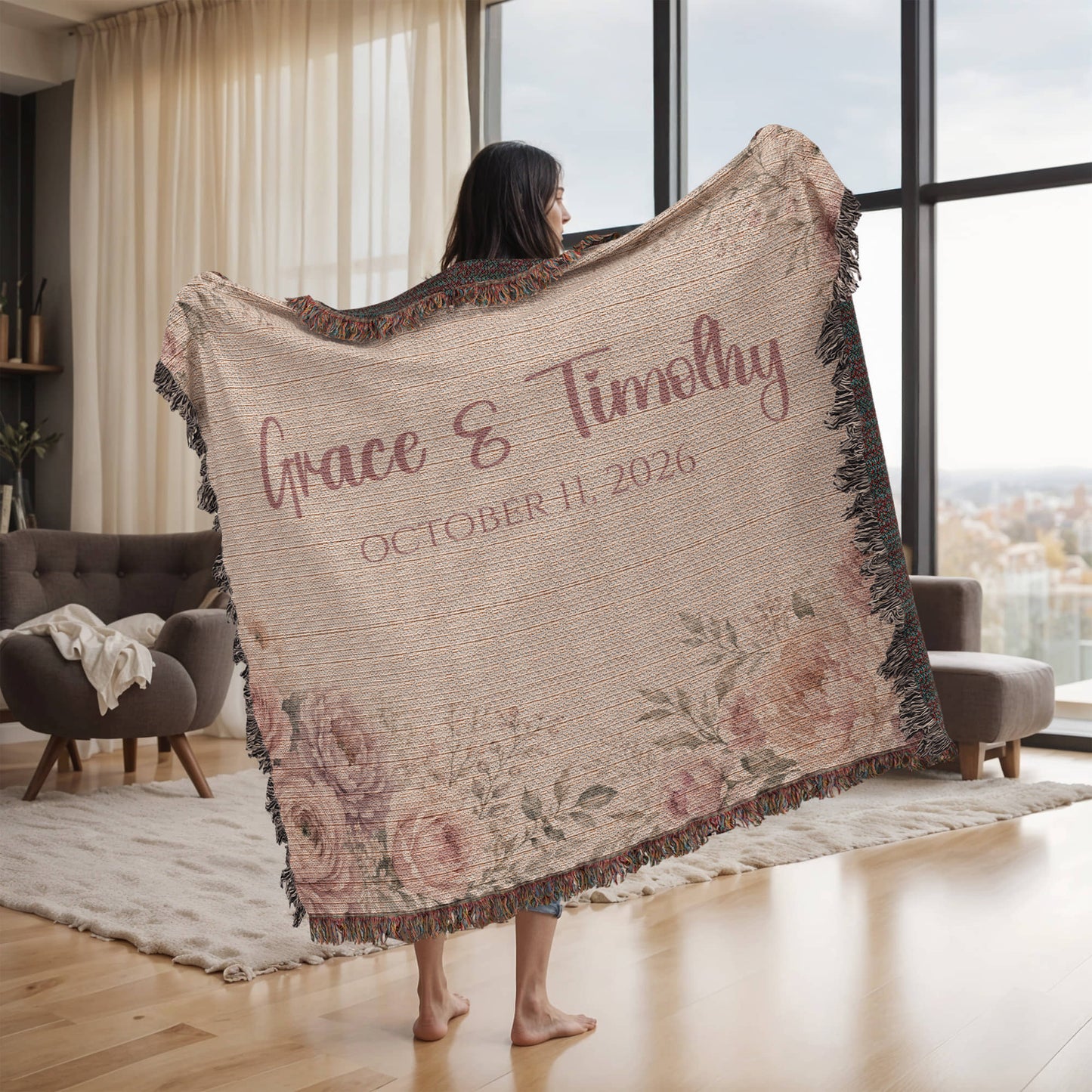 Personalized Wedding Blanket with Names & Date – Blush Pink Floral Couple Throw, Anniversary, Engagement & Bridal Shower Gift, 100% Cotton Woven Keepsake