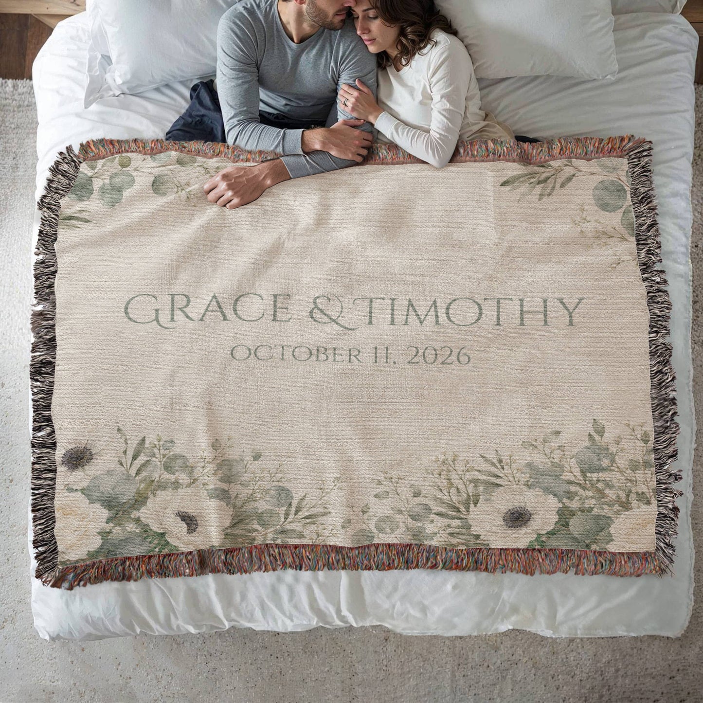 Personalized Wedding Blanket with Names & Date – Eucalyptus Greenery Couple Throw, Anniversary, Engagement & Bridal Shower Gift, 100% Cotton Woven Keepsake