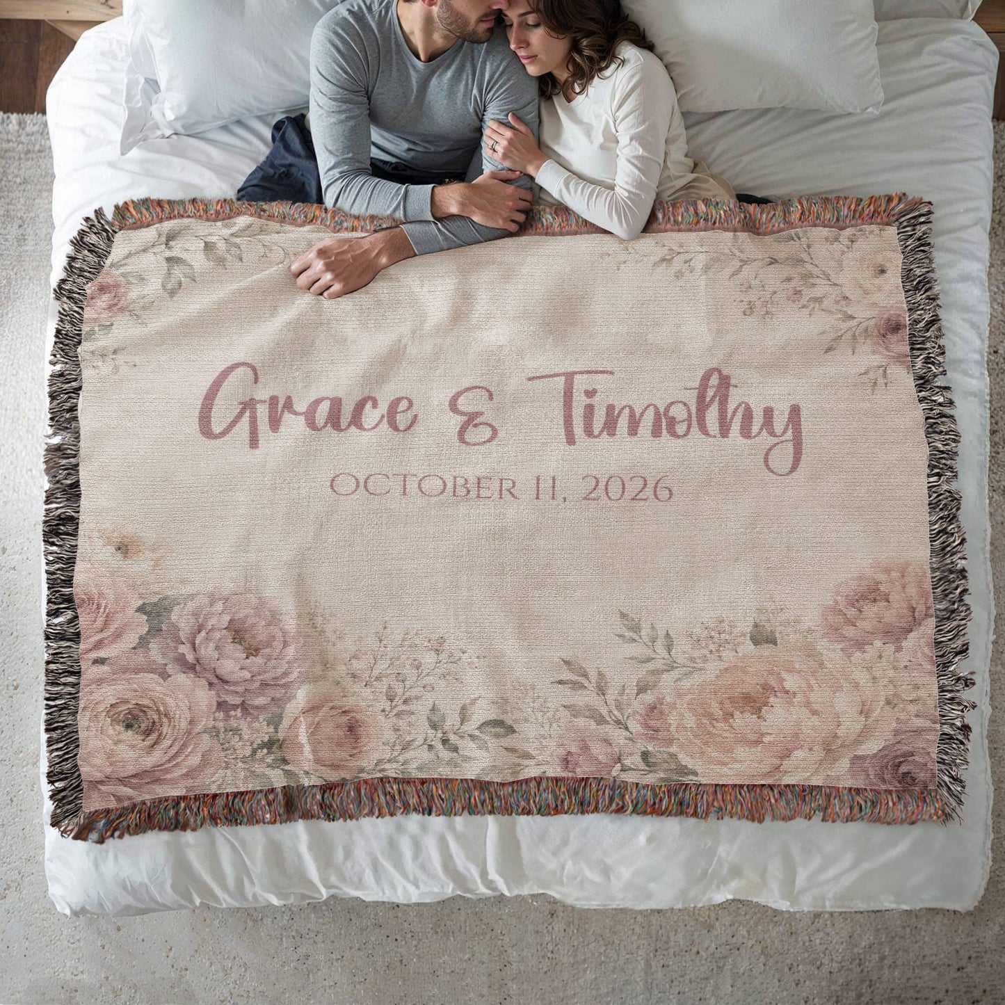 Personalized Wedding Blanket with Names & Date – Blush Pink Floral Couple Throw, Anniversary, Engagement & Bridal Shower Gift, 100% Cotton Woven Keepsake