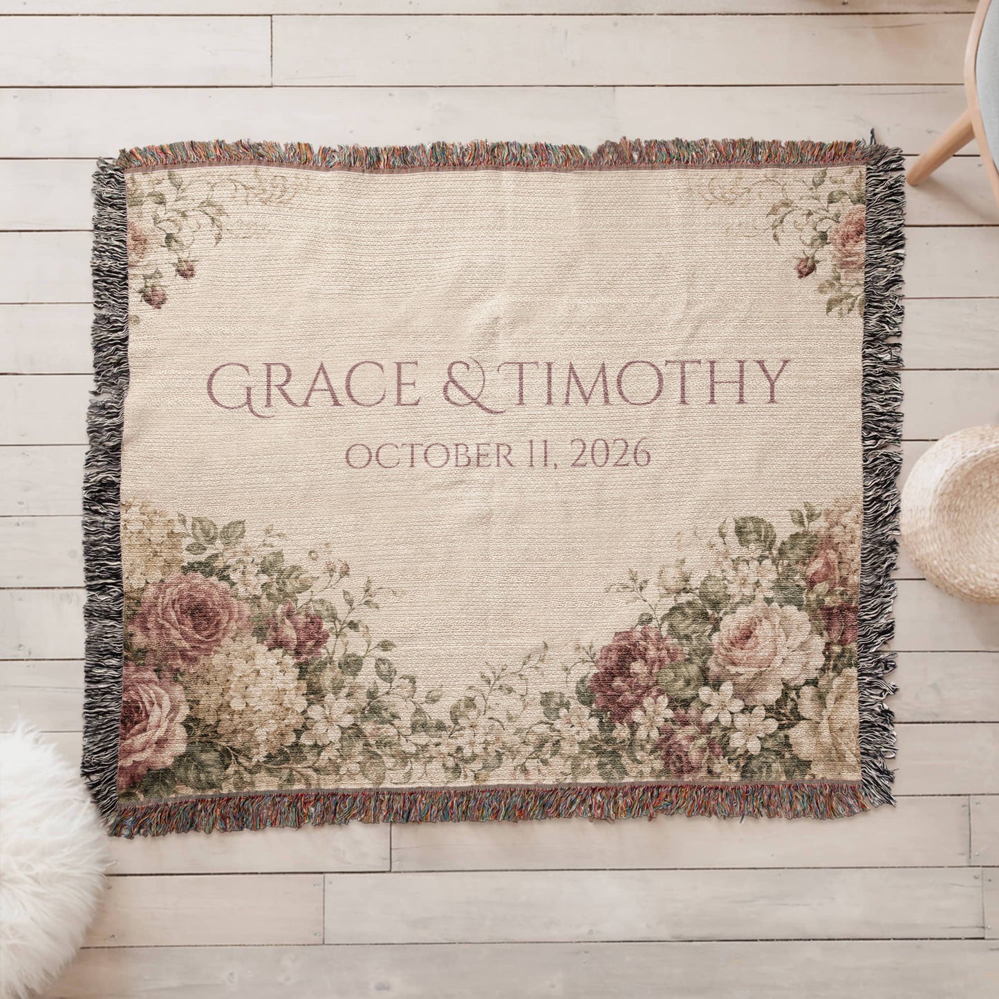 Personalized Wedding Blanket with Names & Date – Vintage Victorian Rose Couple Throw, Anniversary, Engagement & Bridal Shower Gift, 100% Cotton Woven Keepsake