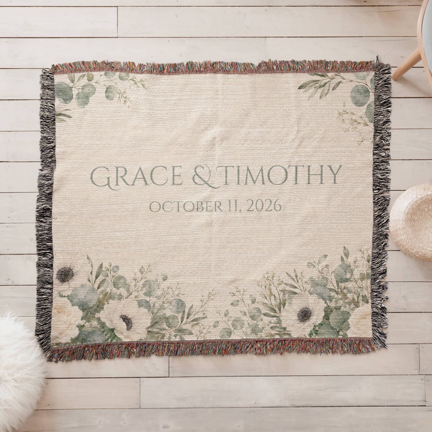 Personalized Wedding Blanket with Names & Date – Eucalyptus Greenery Couple Throw, Anniversary, Engagement & Bridal Shower Gift, 100% Cotton Woven Keepsake