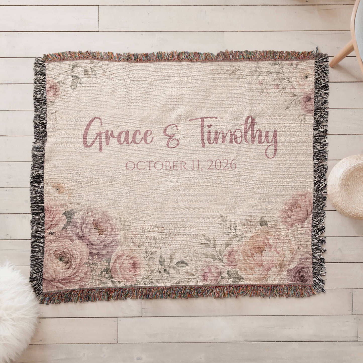 Personalized Wedding Blanket with Names & Date – Blush Pink Floral Couple Throw, Anniversary, Engagement & Bridal Shower Gift, 100% Cotton Woven Keepsake
