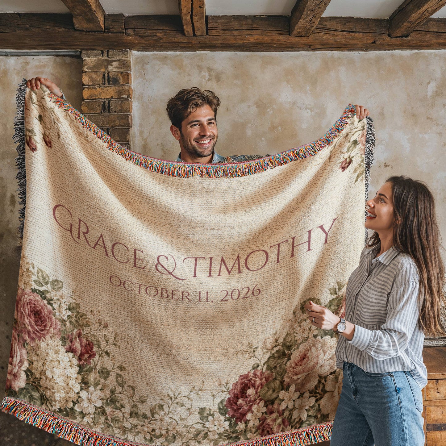 Personalized Wedding Blanket with Names & Date – Vintage Victorian Rose Couple Throw, Anniversary, Engagement & Bridal Shower Gift, 100% Cotton Woven Keepsake