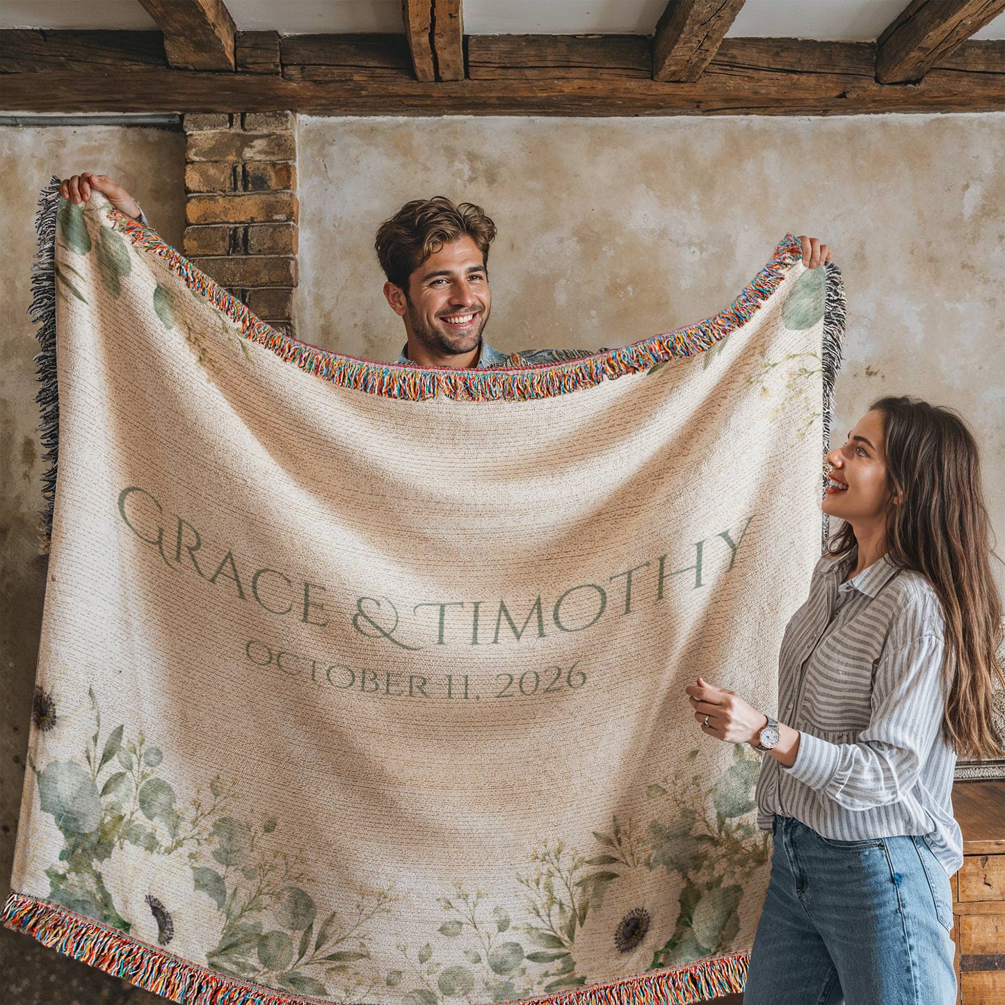 Personalized Wedding Blanket with Names & Date – Eucalyptus Greenery Couple Throw, Anniversary, Engagement & Bridal Shower Gift, 100% Cotton Woven Keepsake