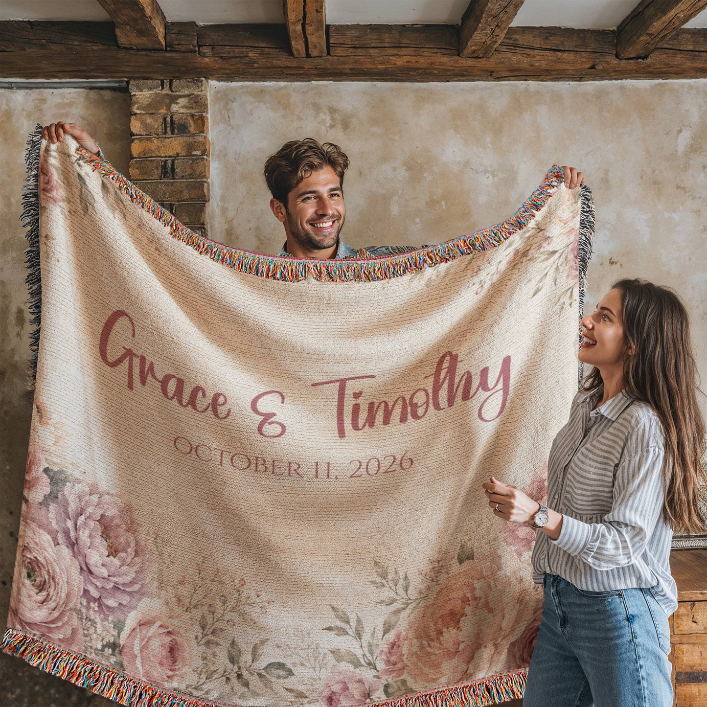 Personalized Wedding Blanket with Names & Date – Blush Pink Floral Couple Throw, Anniversary, Engagement & Bridal Shower Gift, 100% Cotton Woven Keepsake