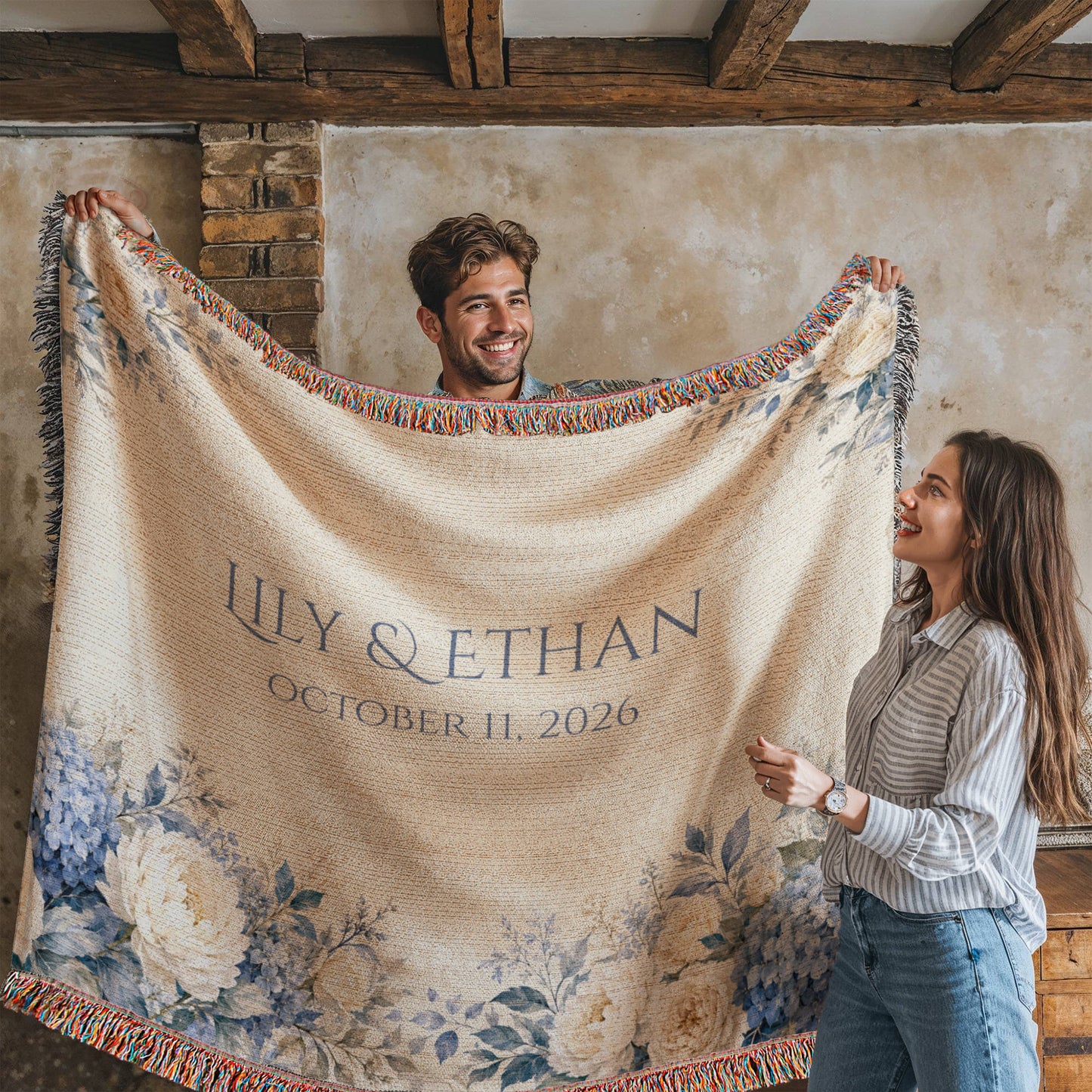 Personalized Wedding Blanket with Names & Date – Dusty Blue Hydrangea Couple Throw, "Something Blue" Anniversary, Engagement & Bridal Shower Gift, 100% Cotton Woven Keepsake