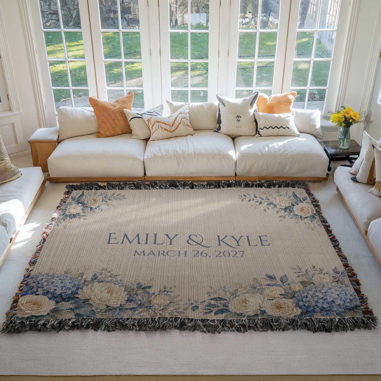 Personalized Wedding Blanket with Names & Date – Dusty Blue Hydrangea Couple Throw, "Something Blue" Anniversary, Engagement & Bridal Shower Gift, 100% Cotton Woven Keepsake