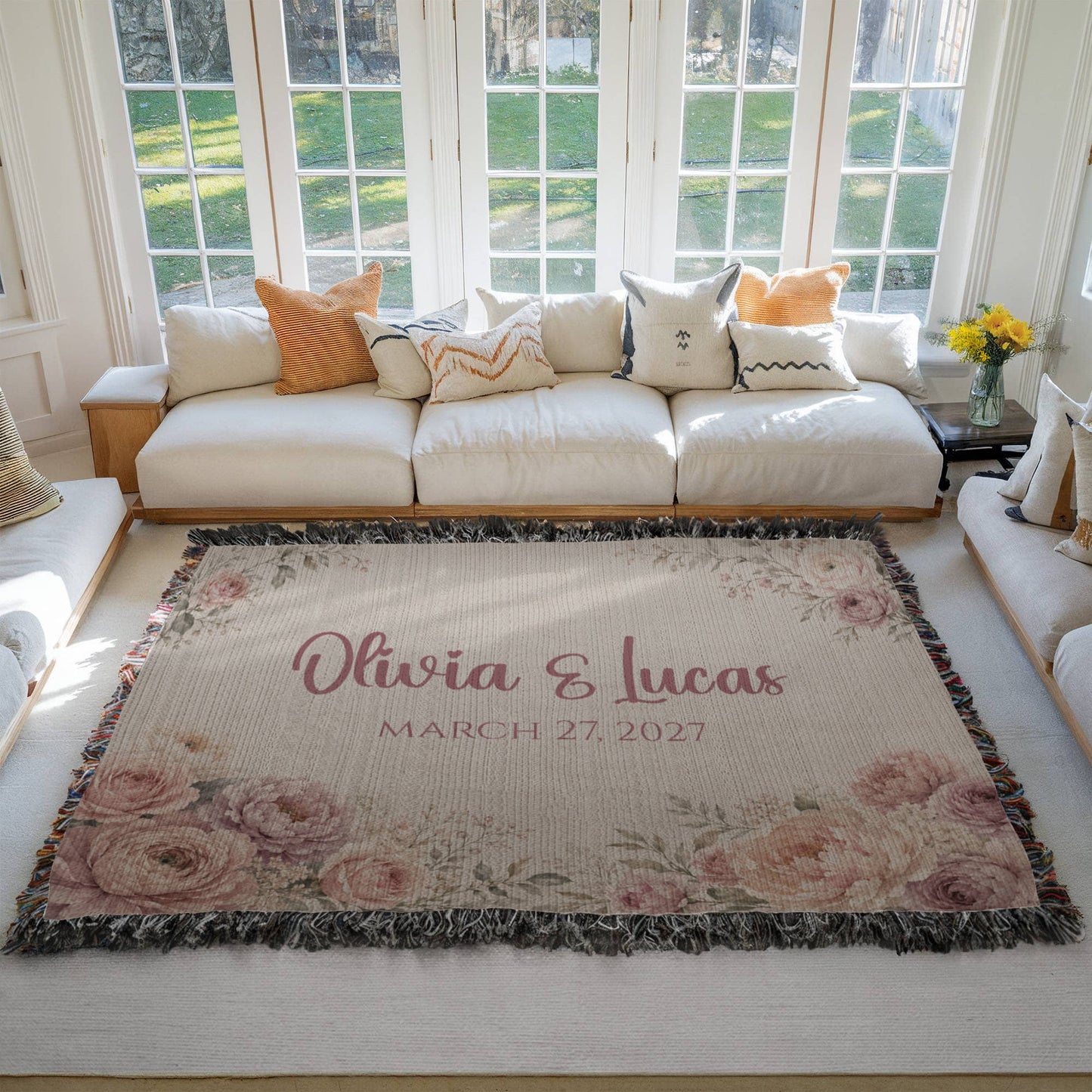 Personalized Wedding Blanket with Names & Date – Blush Pink Floral Couple Throw, Anniversary, Engagement & Bridal Shower Gift, 100% Cotton Woven Keepsake