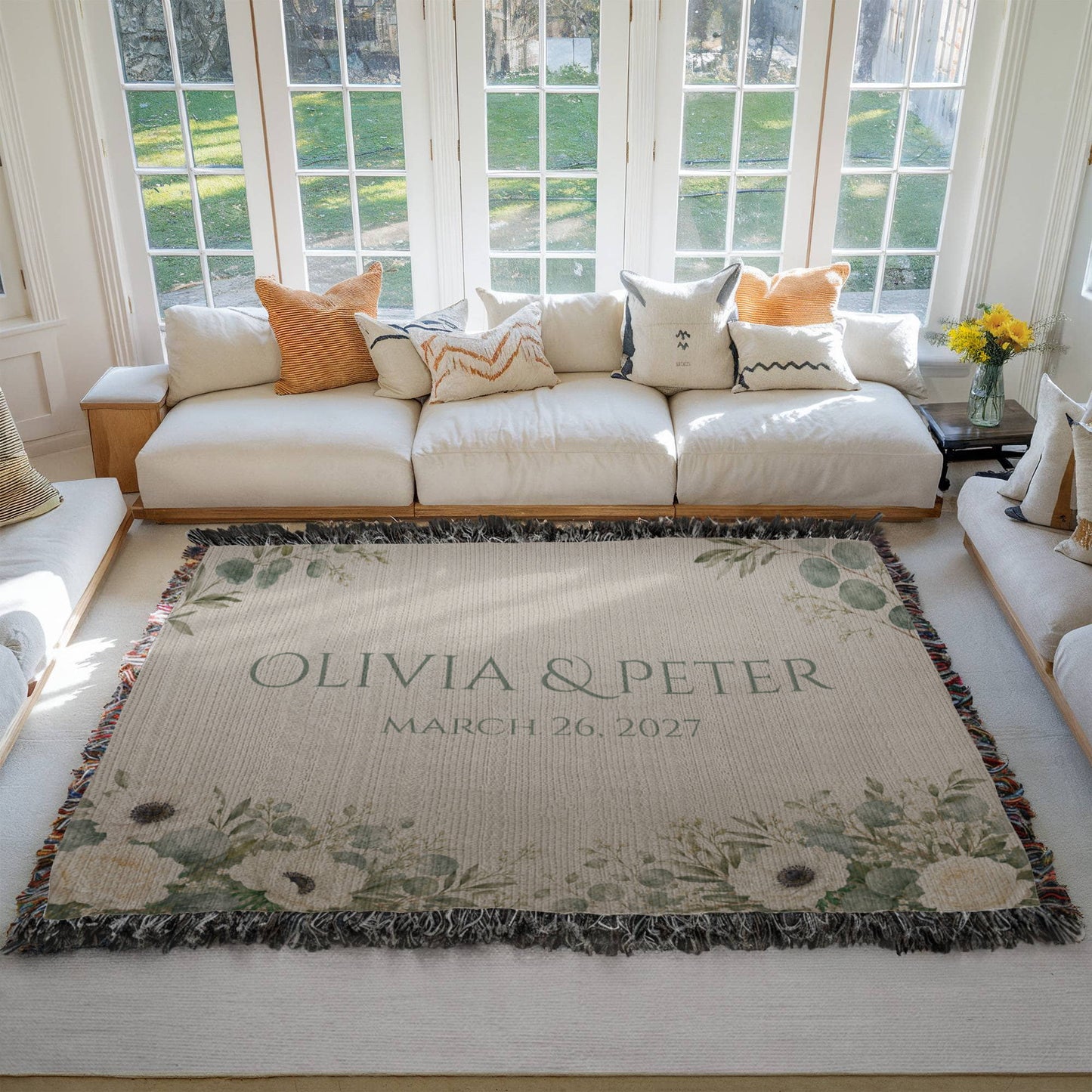 Personalized Wedding Blanket with Names & Date – Eucalyptus Greenery Couple Throw, Anniversary, Engagement & Bridal Shower Gift, 100% Cotton Woven Keepsake