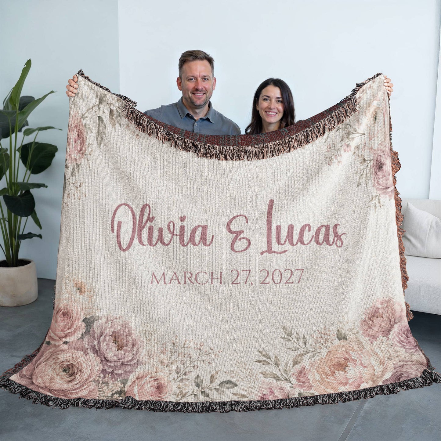 Personalized Wedding Blanket with Names & Date – Blush Pink Floral Couple Throw, Anniversary, Engagement & Bridal Shower Gift, 100% Cotton Woven Keepsake