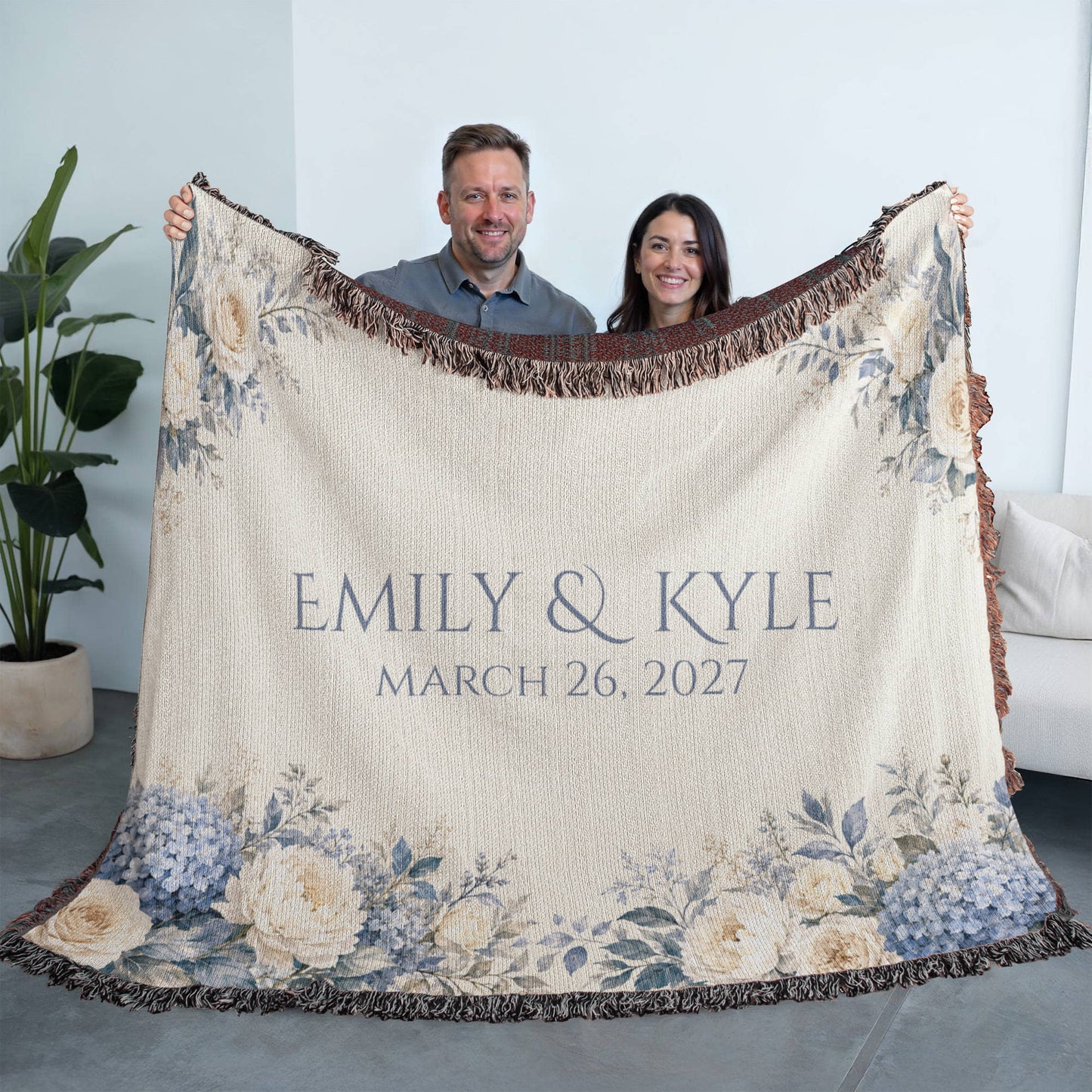 Personalized Wedding Blanket with Names & Date – Dusty Blue Hydrangea Couple Throw, "Something Blue" Anniversary, Engagement & Bridal Shower Gift, 100% Cotton Woven Keepsake