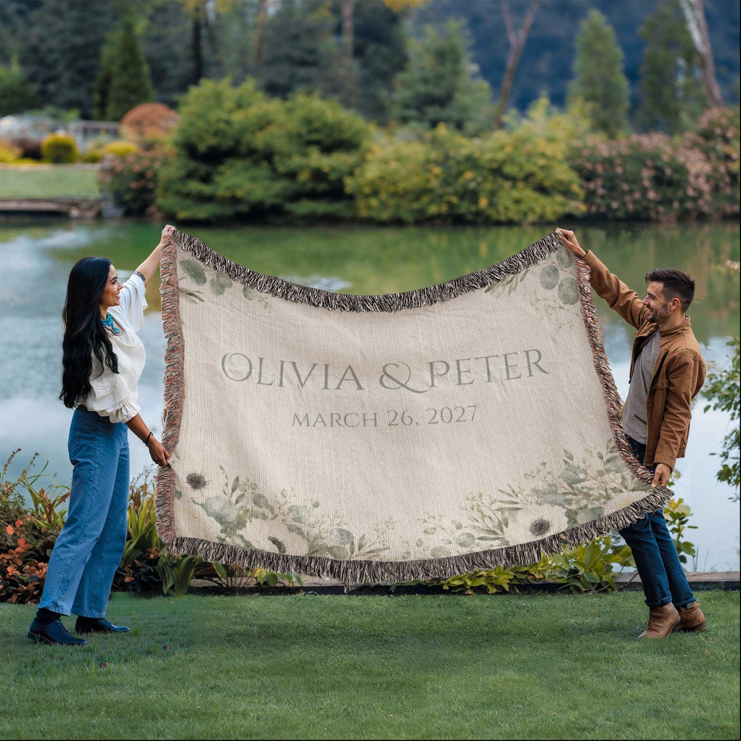 Personalized Wedding Blanket with Names & Date – Eucalyptus Greenery Couple Throw, Anniversary, Engagement & Bridal Shower Gift, 100% Cotton Woven Keepsake