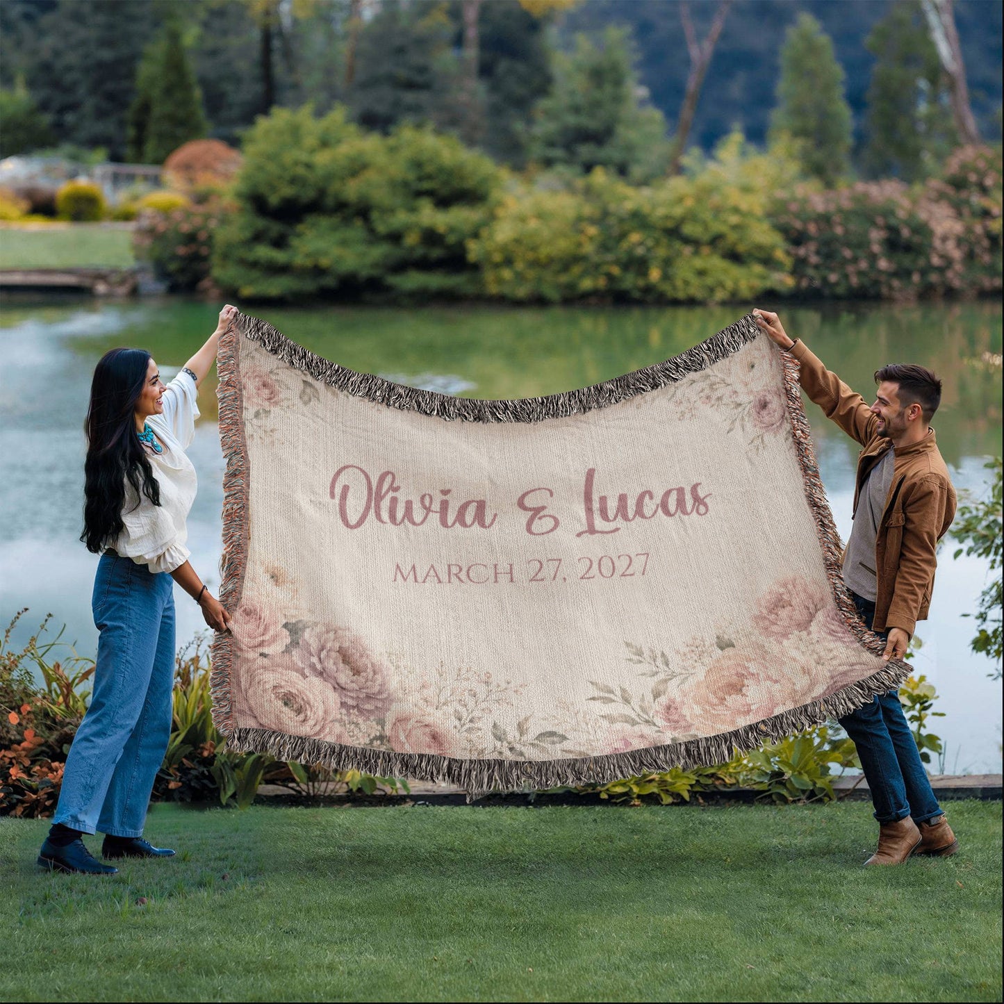 Personalized Wedding Blanket with Names & Date – Blush Pink Floral Couple Throw, Anniversary, Engagement & Bridal Shower Gift, 100% Cotton Woven Keepsake