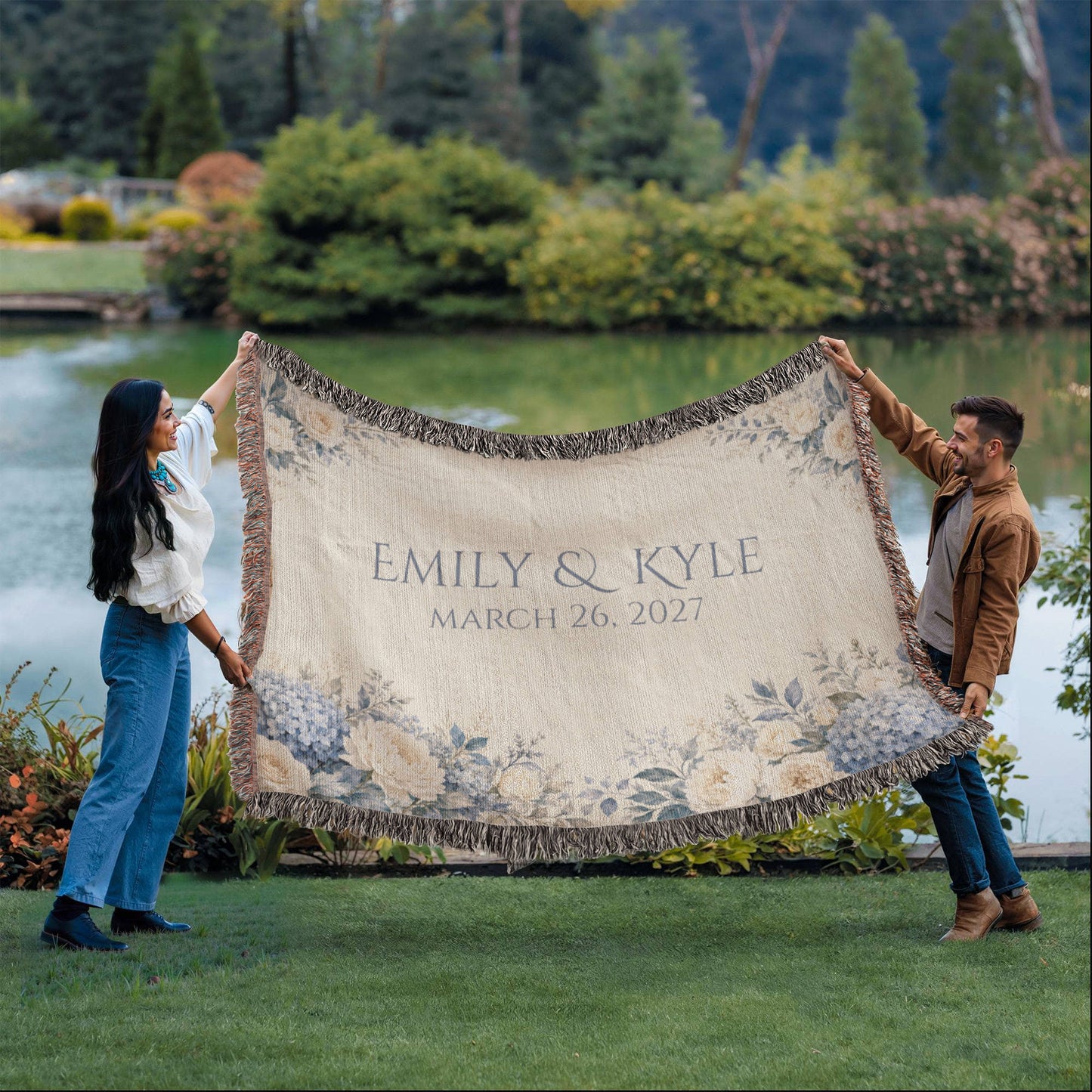 Personalized Wedding Blanket with Names & Date – Dusty Blue Hydrangea Couple Throw, "Something Blue" Anniversary, Engagement & Bridal Shower Gift, 100% Cotton Woven Keepsake