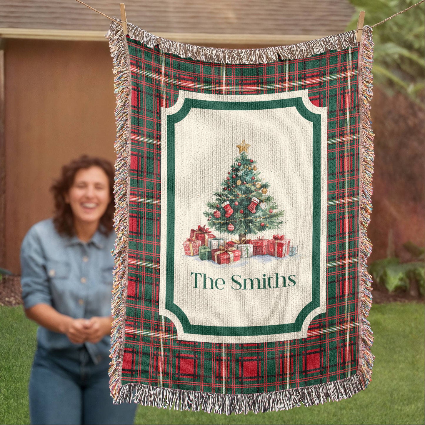 Personalized Christmas Woven Blanket – Custom Family Name Tapestry Throw, 100% Cotton Heirloom Gift