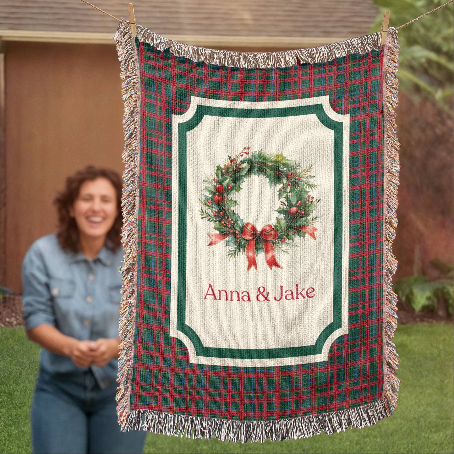 Personalized Christmas Wreath Woven Blanket – Custom Family Name Tartan Tapestry Throw, 100% Cotton Heirloom Gift