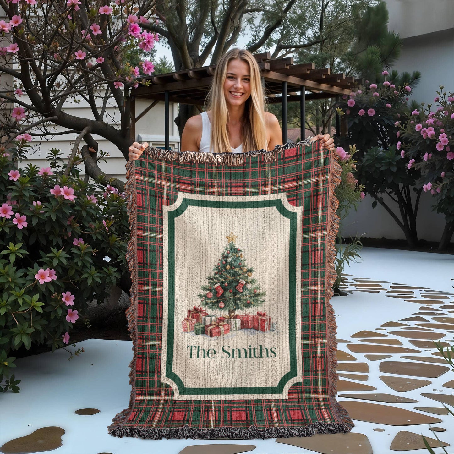 Personalized Christmas Woven Blanket – Custom Family Name Tapestry Throw, 100% Cotton Heirloom Gift