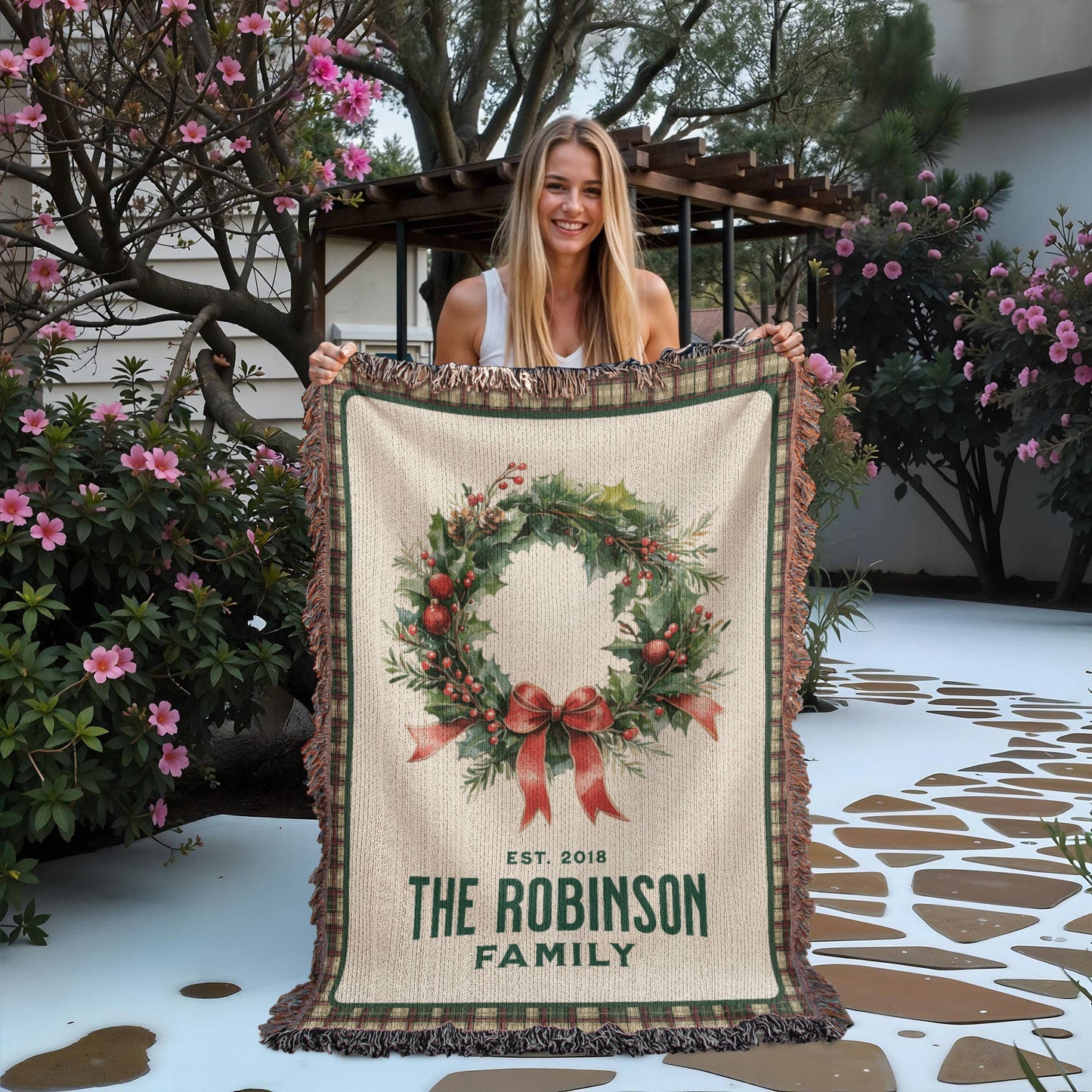 Personalized Family Est. Christmas Wreath Blanket – Custom Family Name & Date Woven Tapestry Throw, 100% Cotton Heirloom Gift