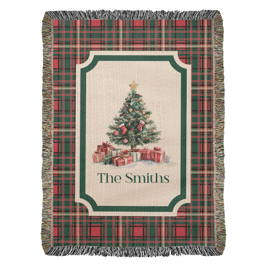 Personalized Christmas Woven Blanket – Custom Family Name Tapestry Throw, 100% Cotton Heirloom Gift