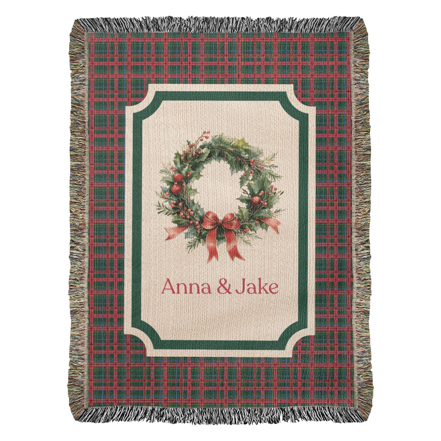 Personalized Christmas Wreath Woven Blanket – Custom Family Name Tartan Tapestry Throw, 100% Cotton Heirloom Gift