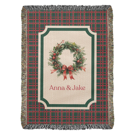 Personalized Christmas Wreath Woven Blanket – Custom Family Name Tartan Tapestry Throw, 100% Cotton Heirloom Gift