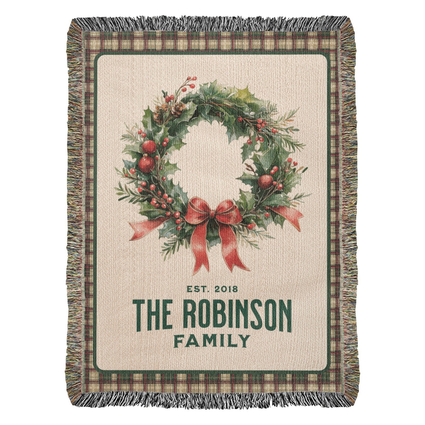 Personalized Family Est. Christmas Wreath Blanket – Custom Family Name & Date Woven Tapestry Throw, 100% Cotton Heirloom Gift