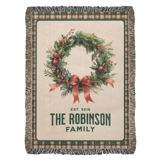 Personalized Family Est. Christmas Wreath Blanket – Custom Family Name & Date Woven Tapestry Throw, 100% Cotton Heirloom Gift